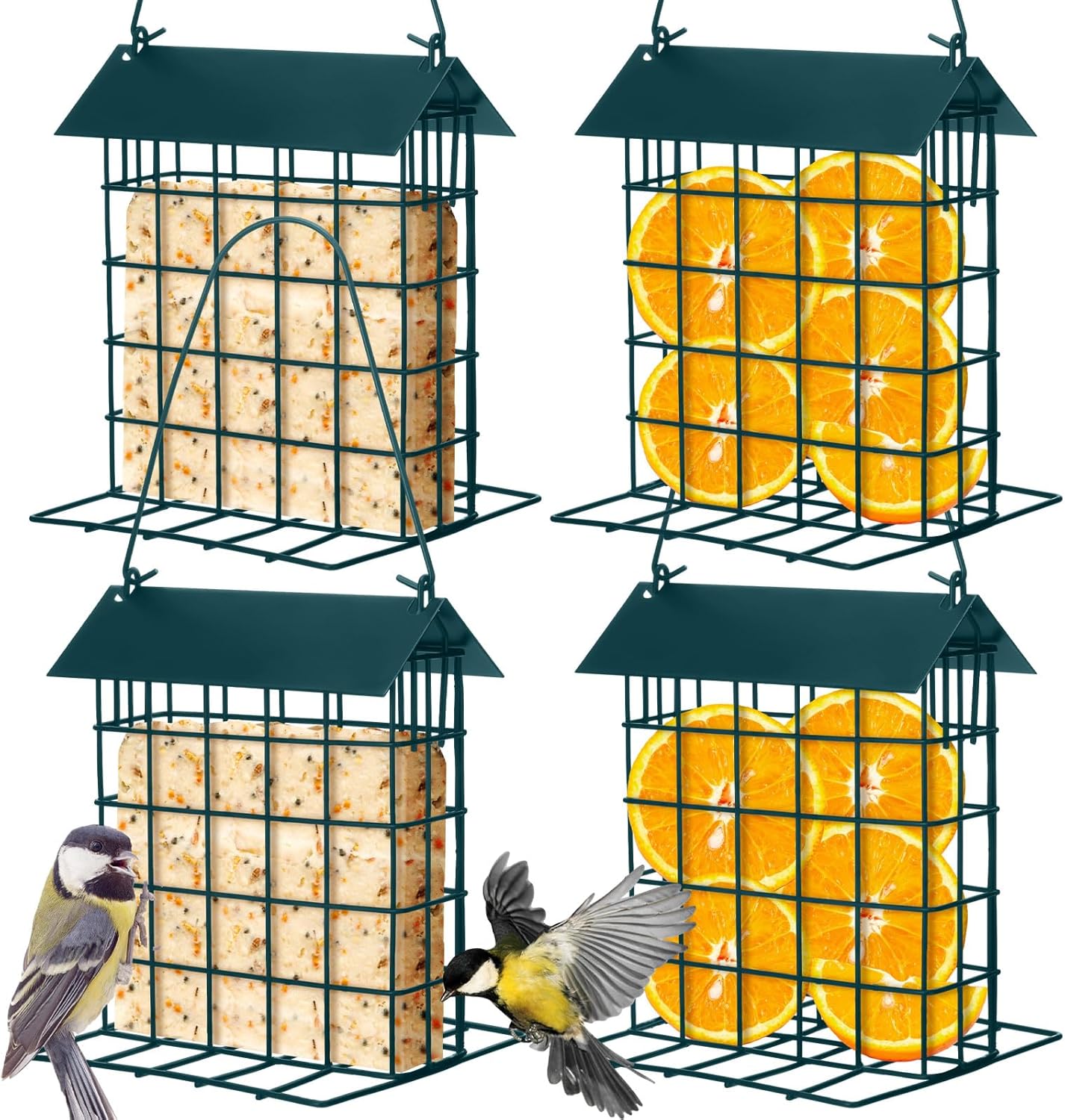Nuogo 4 Pcs Wild Bird Feeder Squirrel Proof Outdoor Hanging Suet Holder with Metal Roof and Platform Outside Cake Suet Feeder Rainproof Cage for Oriole Hummingbird Chickadee Nuthatch(Dark Green)