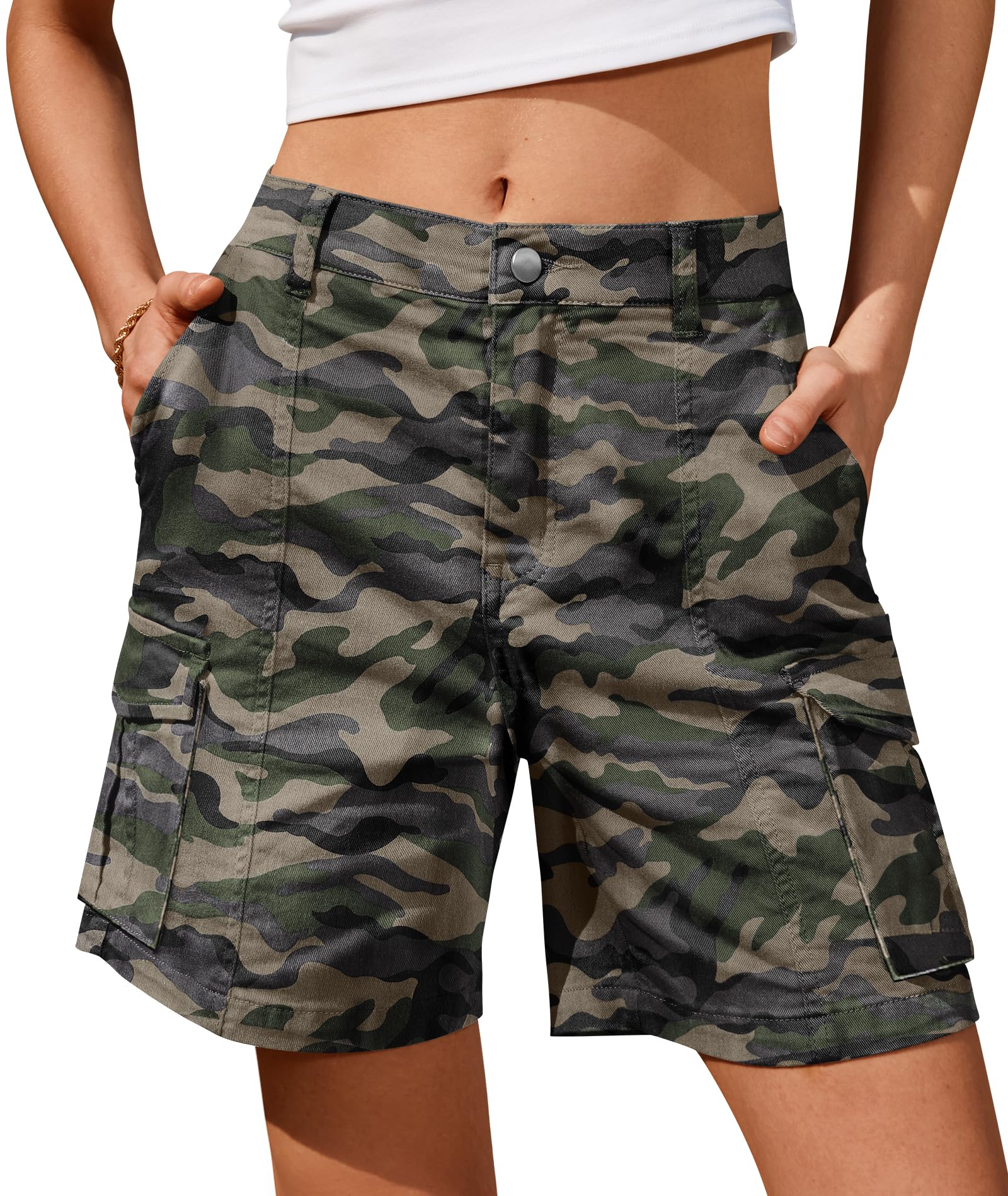 IVIR Bermuda Shorts for Women Cargo Shorts Knee Length 6 Pockets Elastic Waist Long Shorts for Summer Casual