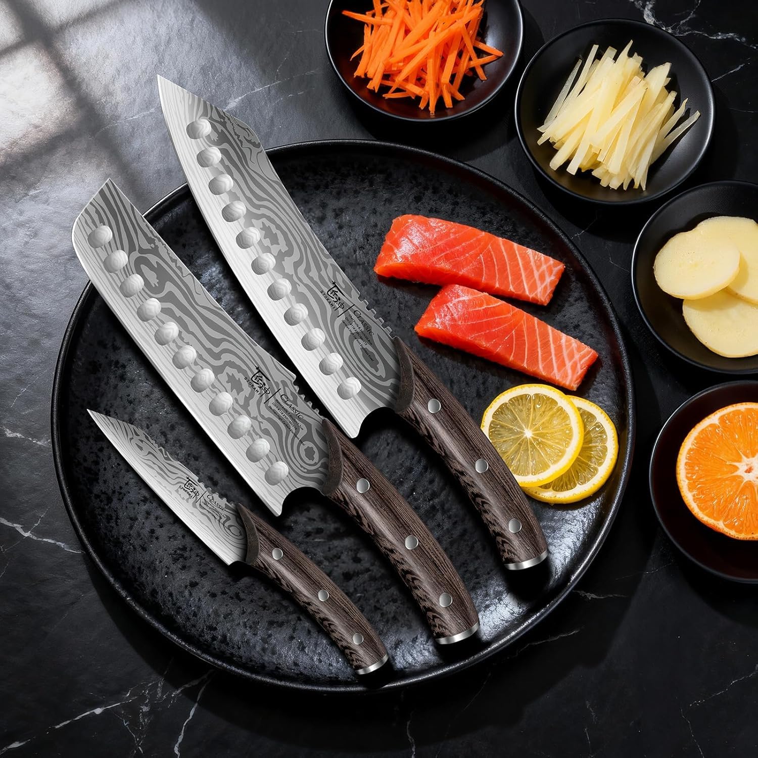 Küchenmesser Set, 3-teiliges japanisches Kochmesser Set (20,8 cm Kiritsuke, 18,3 cm Nakiri, 10,2 cm Schälmesser) für präzises Schneiden, Damastmuster, ergonomischer Holzgriff mit durchgehendem Erl