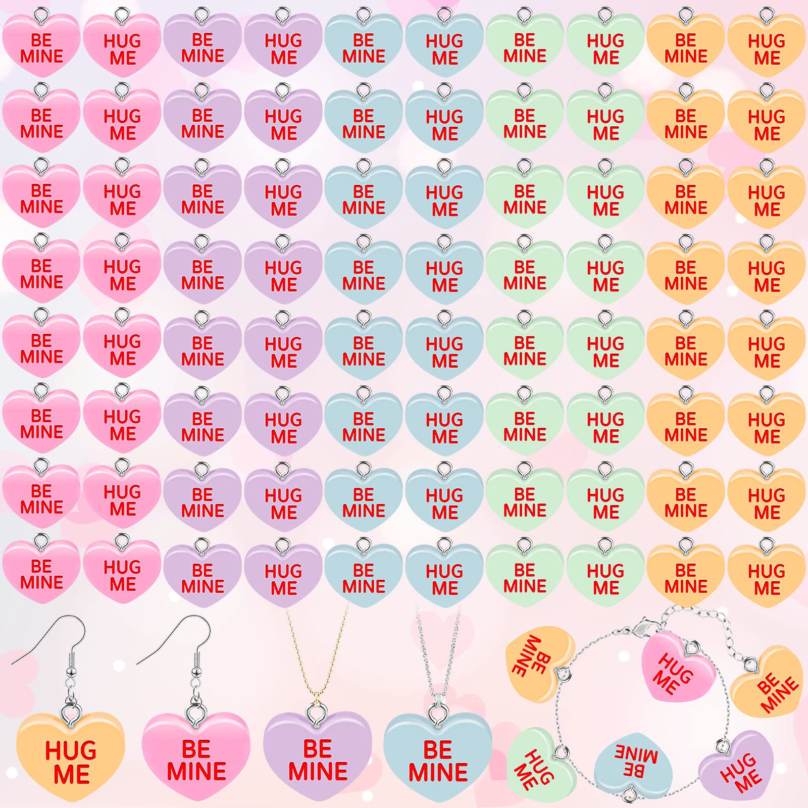 HTZNHXT80 PCS Valentine's Day Heart Charm, Hug Me Be Mine Resin Pendant, Jewelry Making Charms for Necklace Key Chain Earring Craft
