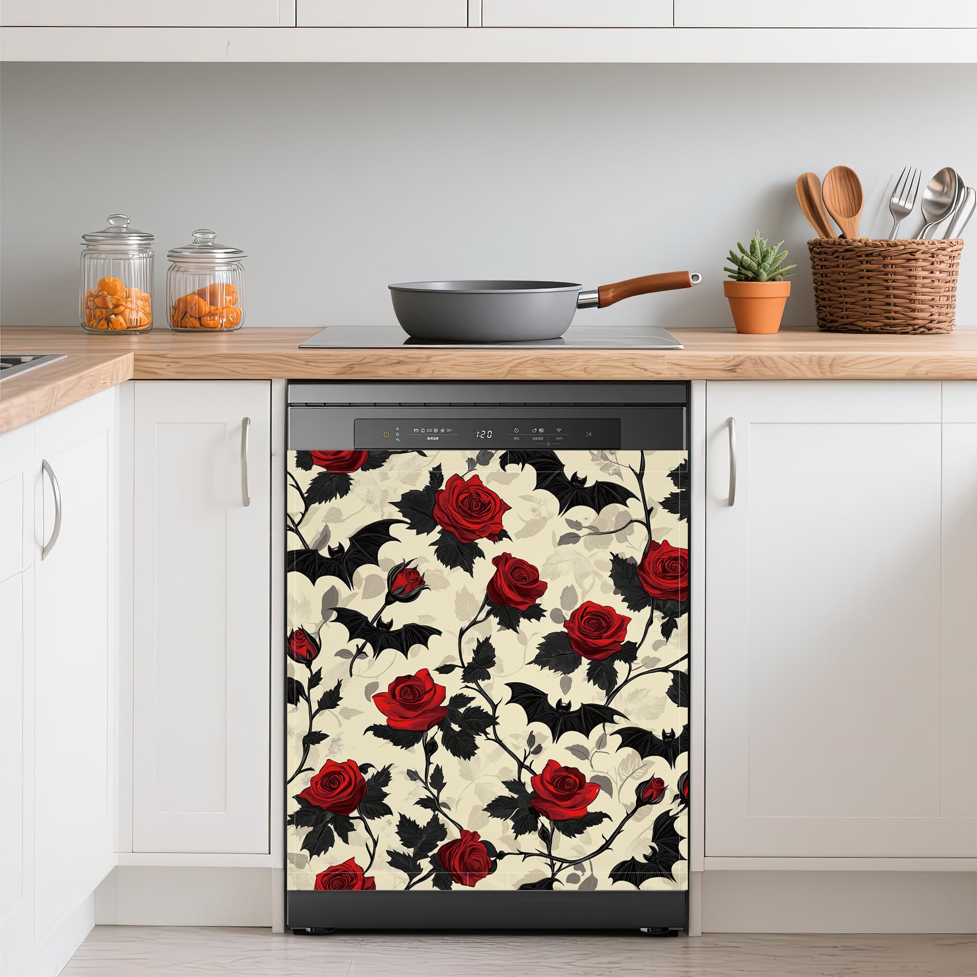 Halloween Bats Refrigerator Magnet Cover,Gothic Red Rose Flower Washable Dishwasher Magnets Decorative Cover,Home Kitchen Decorative Dishwasher Front Panel Cover 23x26 Inch