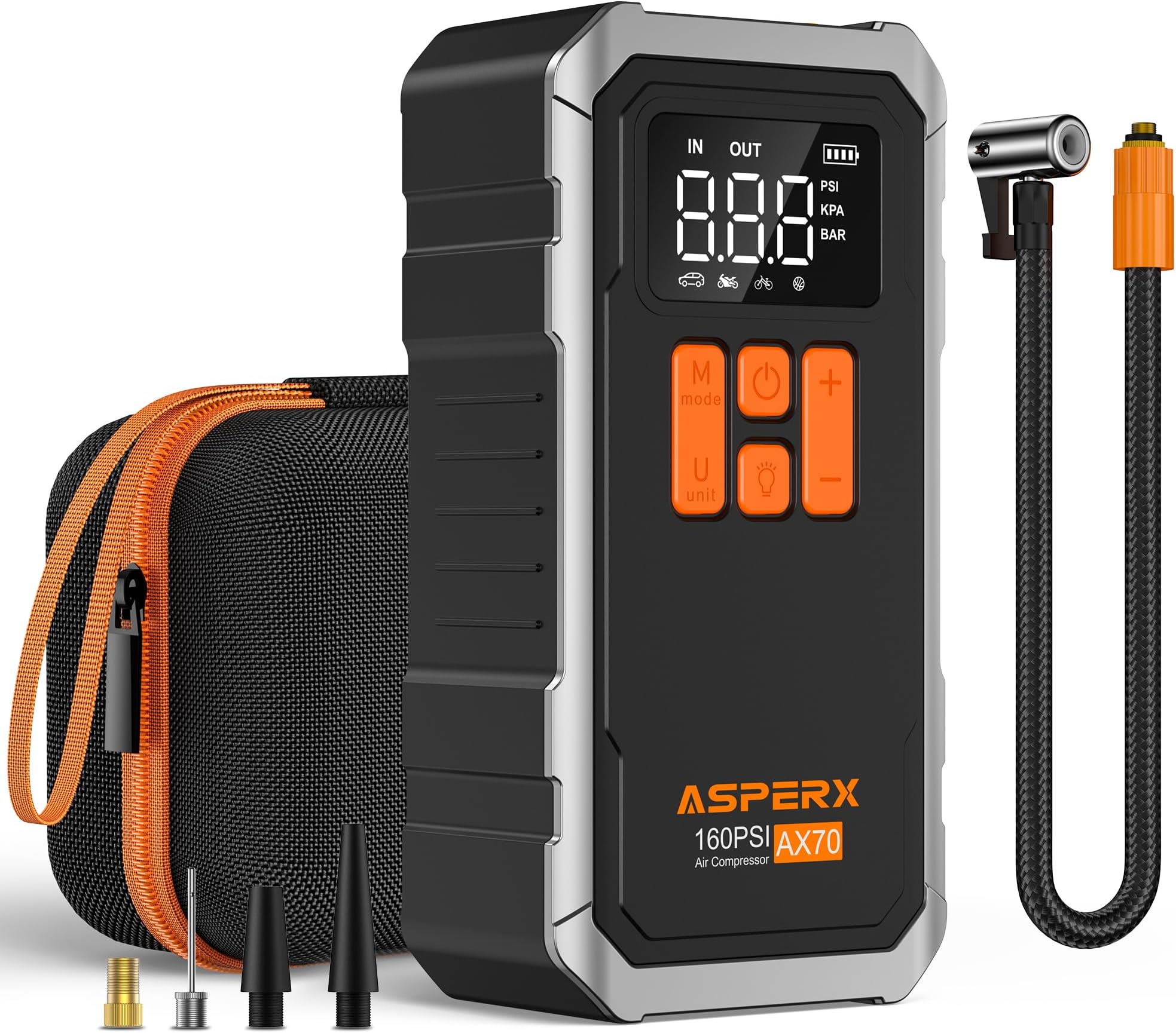160PSI Tire Inflator Portable Air Compressor - Cordless Air Pump for Car Tires with 10000mAh Battery, 4+N Smart Modes, Digital Pressure Gauge, LED Light & Carrying Case - for Car, Moto, Bike, Balls