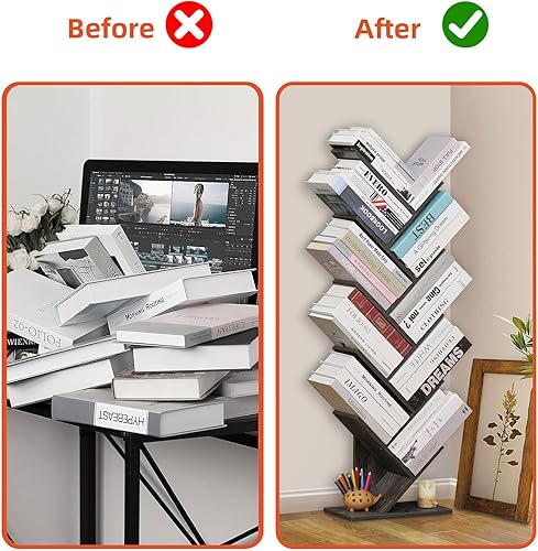 Miniatura 7 de SHEEPAM Estantería de madera de pie de 10 niveles para espacios estrechos, organizador de almacenamiento para librosCDsrevistas, estantería con