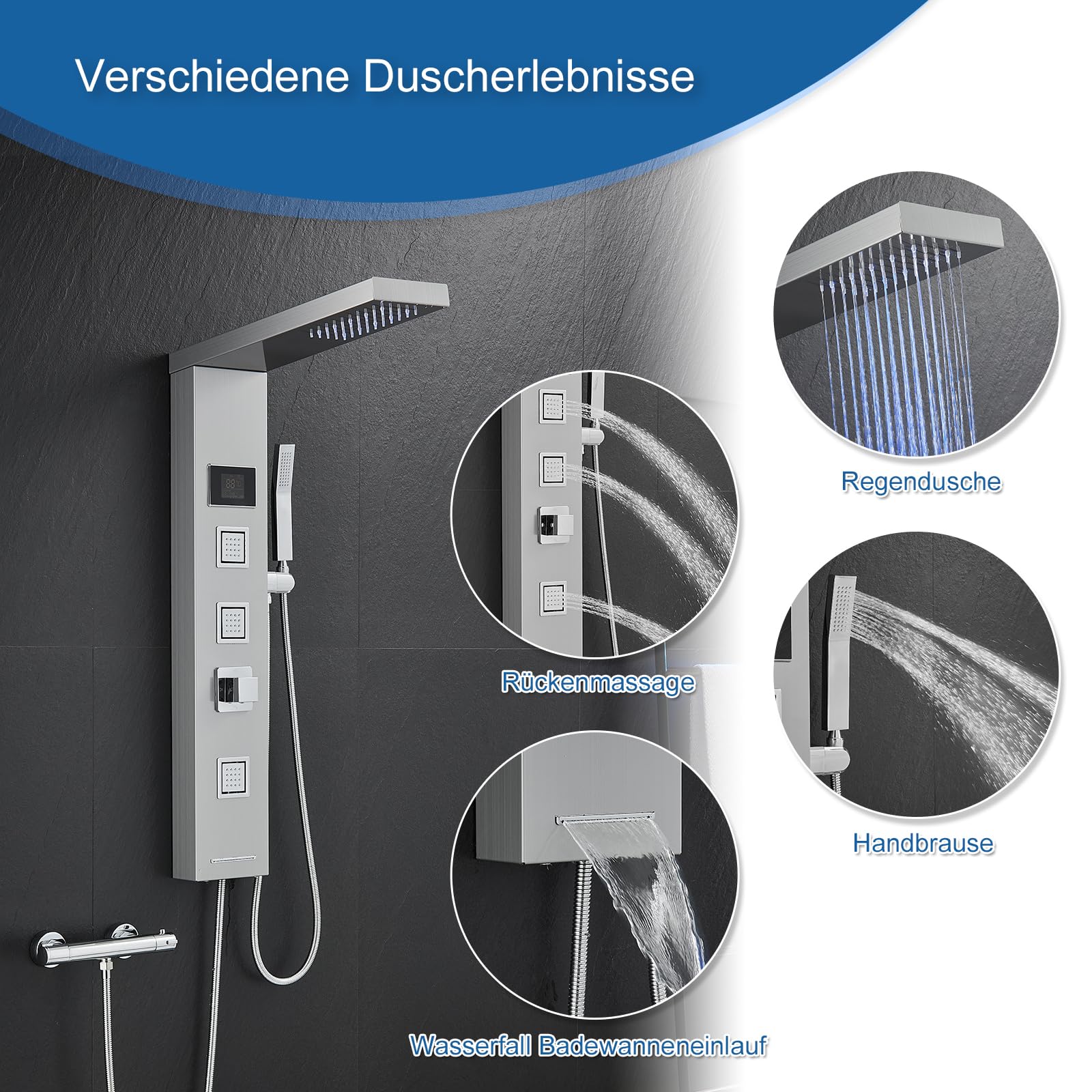 Duschpaneel ohne Armatur, LED-Temperaturanzeige, Edelstahl 304 | Duschpaneel mit Regendusche, 3 Massagedüsen, Handbrause und Wanneneinlauf, Duschsäule Gebürstet