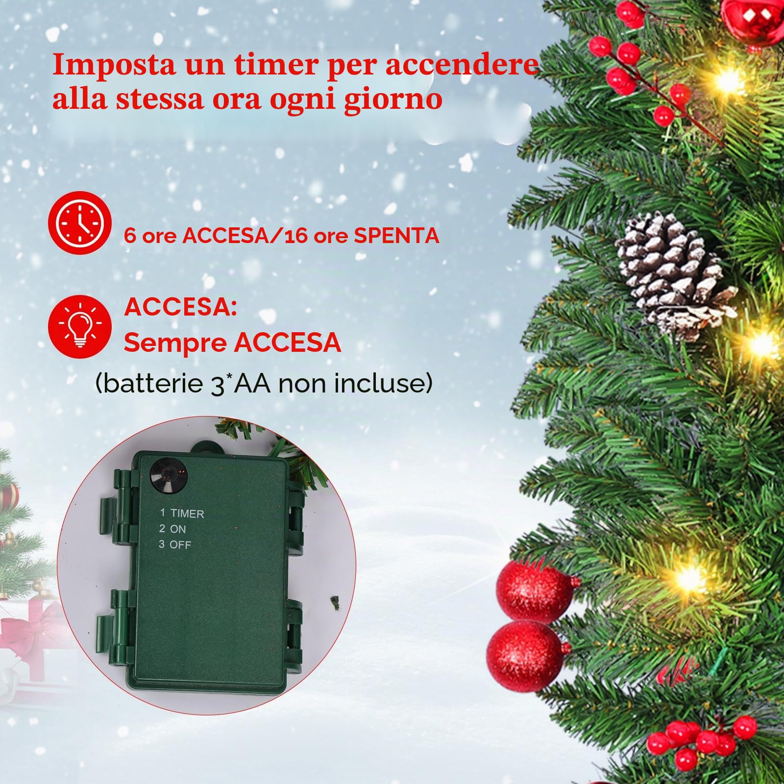 Ghirlanda Natalizia per Porta: 2,7M Ghirlanda Natale Decorazioni Artificiale con 30 LED, Scatola Batteria con Timer Impermeabile, Decorazione Natalizia per Balcone, Casa, Scale, Camino