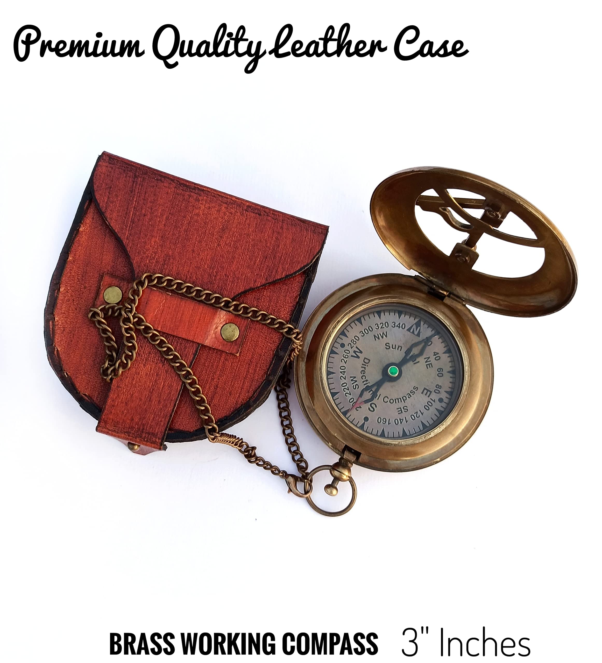 Brass Sundial Compass with Leather Case and Chain - Push Open Mechanism Vintage Steampunk Accessory - Antiquated Finish Pocket Compass (Antique Sundial Compass 1)