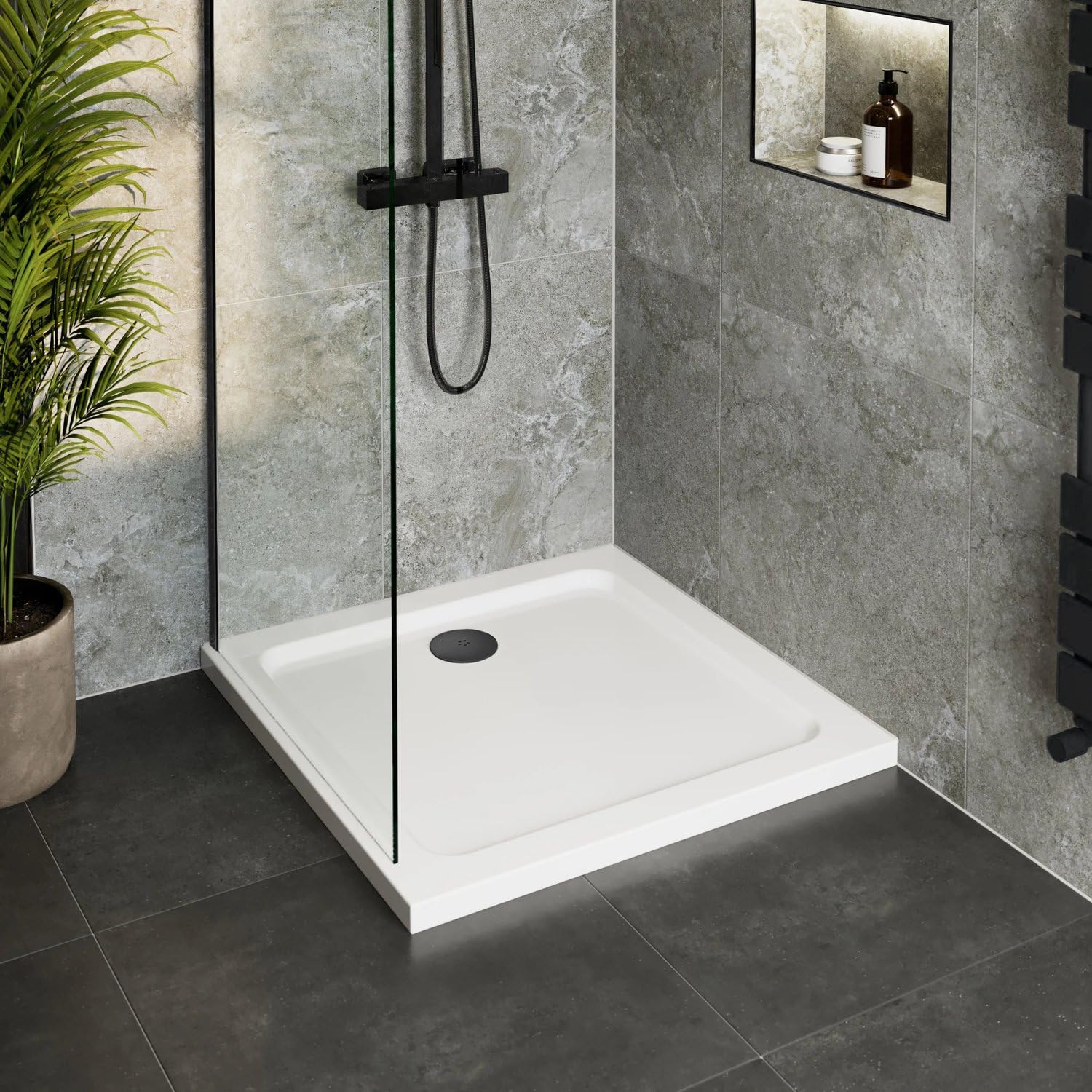 Hydrolux® 900 x 760 x 45mm White Bathroom Low Profile Shower Tray for Enclosures Cubicles & Wet Room with Brushed Brass Waste, Rectangular