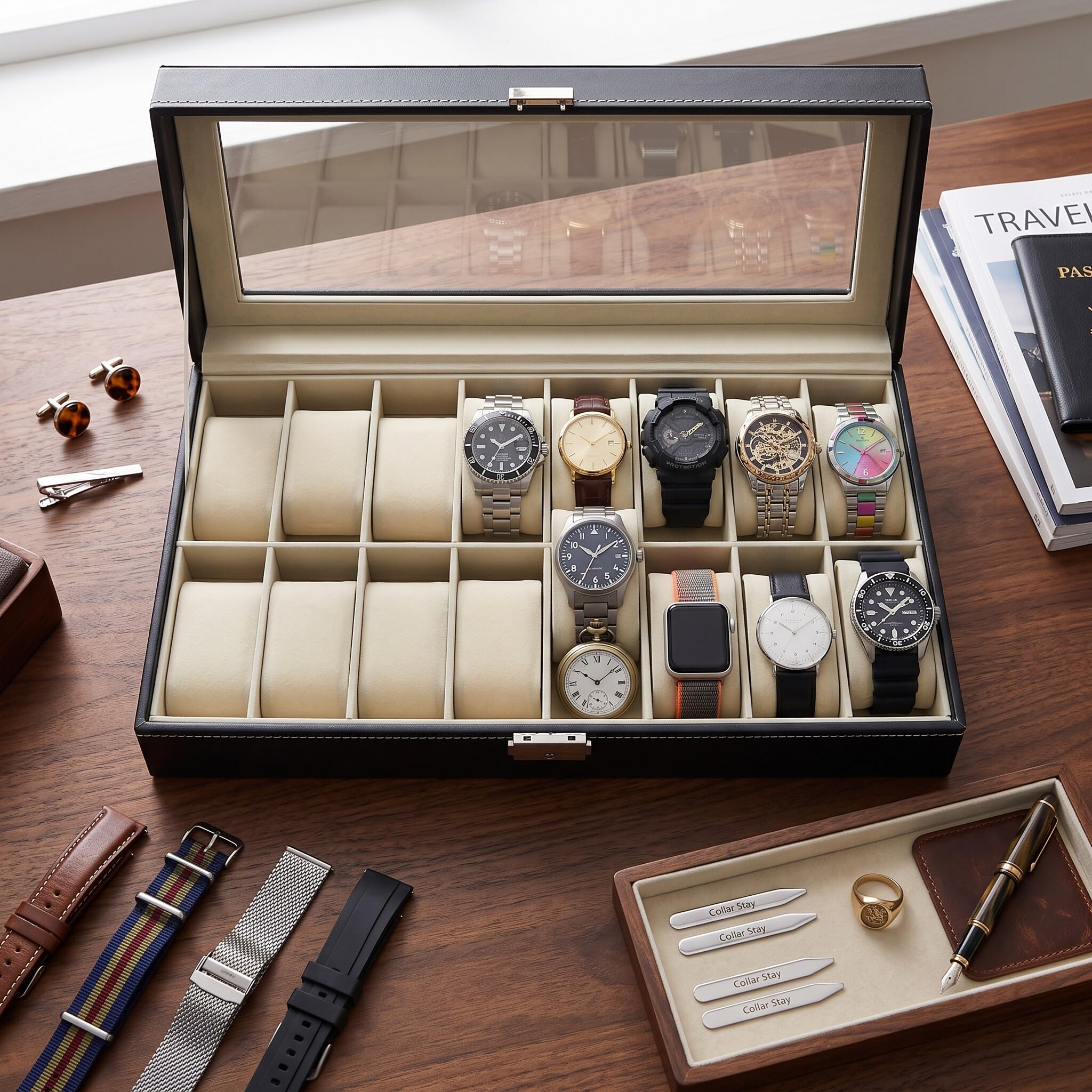 Ejoyous Caja de reloj para 24 relojes, caja de almacenamiento de relojes con tapa de cristal, caja de visualización con piel sintética y cojín de reloj de terciopelo para collar de pulsera
