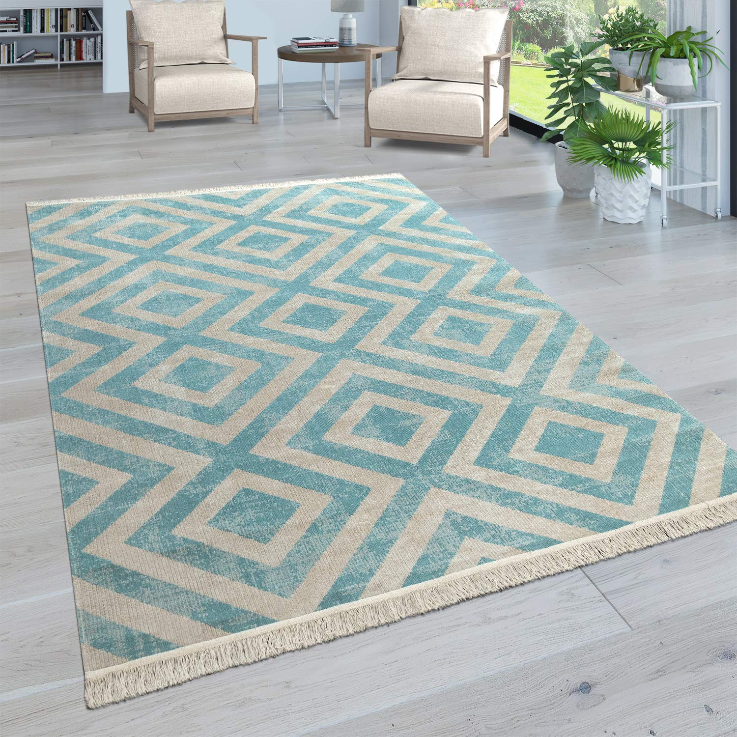 Paco Home Alfombra Tejido Plano Interior Exterior Moderno Motivo Rombos Terraza Balcón, tamaño:120x170 cm, Color:Azul-Blanco