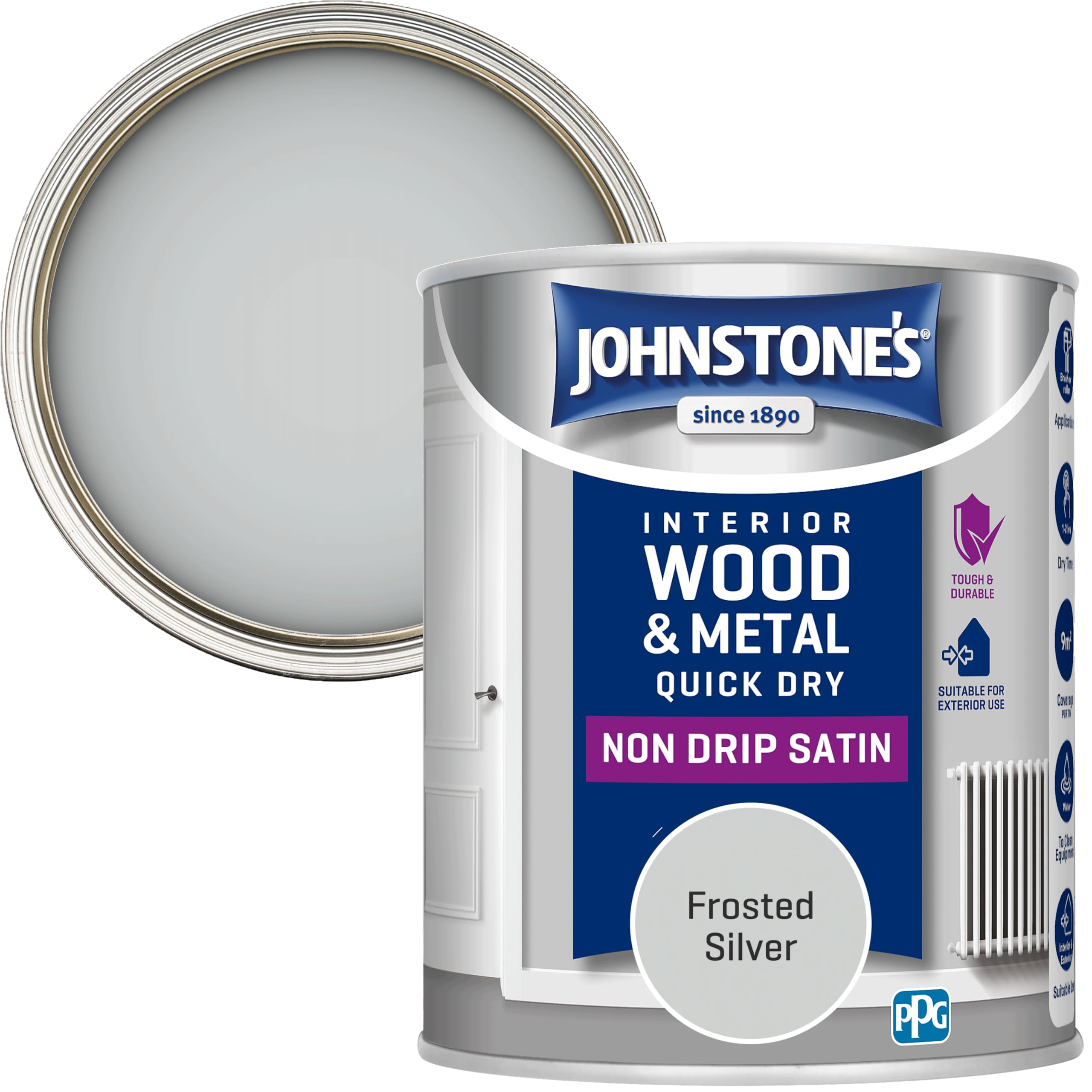Johnstone'sWood & Metal Paint - Satin Finish - Frosted Silver - 750ml - Water Based - Non Drip & Quick Drying - Radiator Paint - Low Odour - Dry in 1-2 Hours - 8m2 Coverage per Litre
