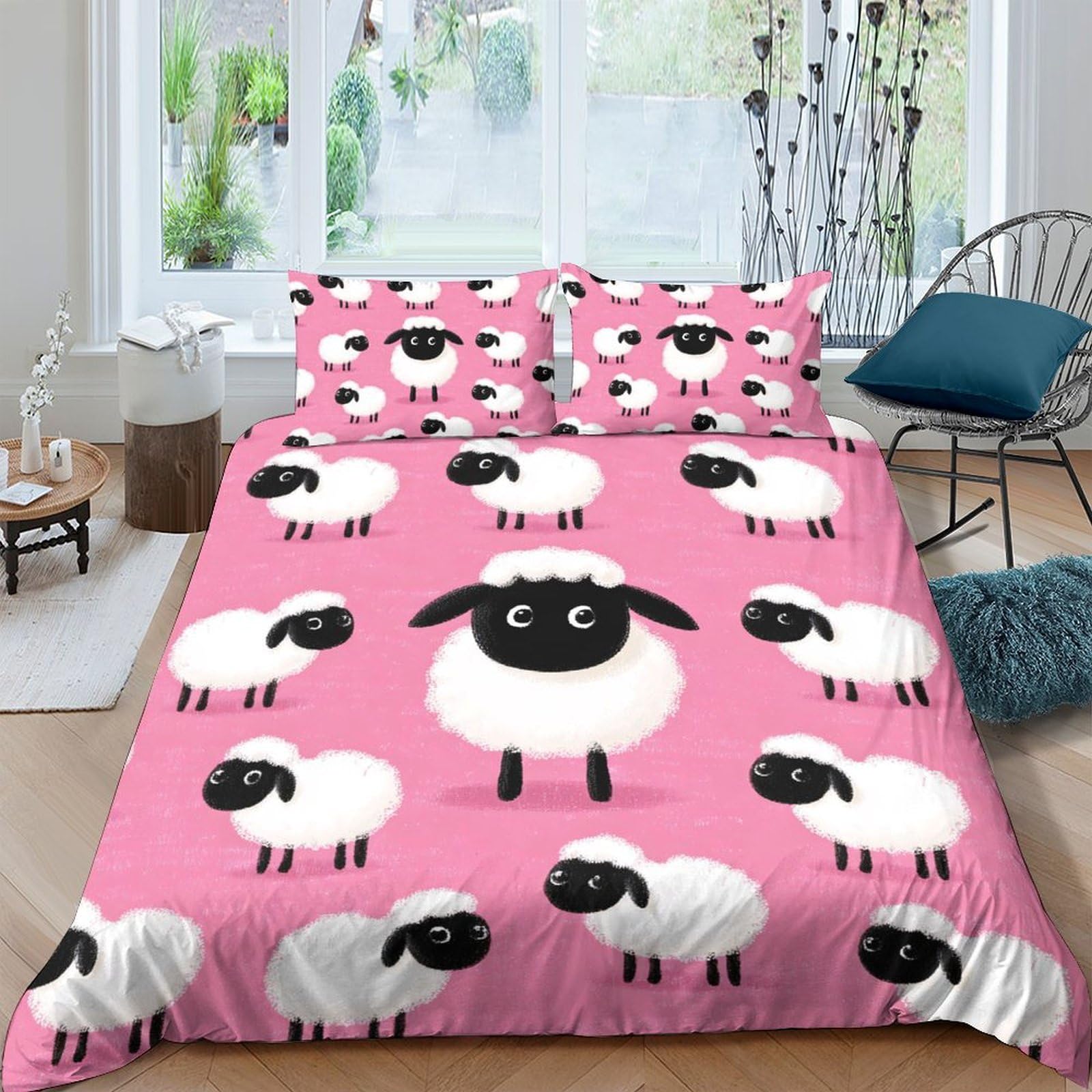 GPLZQXKJNH 3D Printed Pink Sheep Duvet Cover Microfiber Soft Breathable Cartoon Bedding Set with 2 Pillowcases for Bedroom Decor Single（135x200cm）