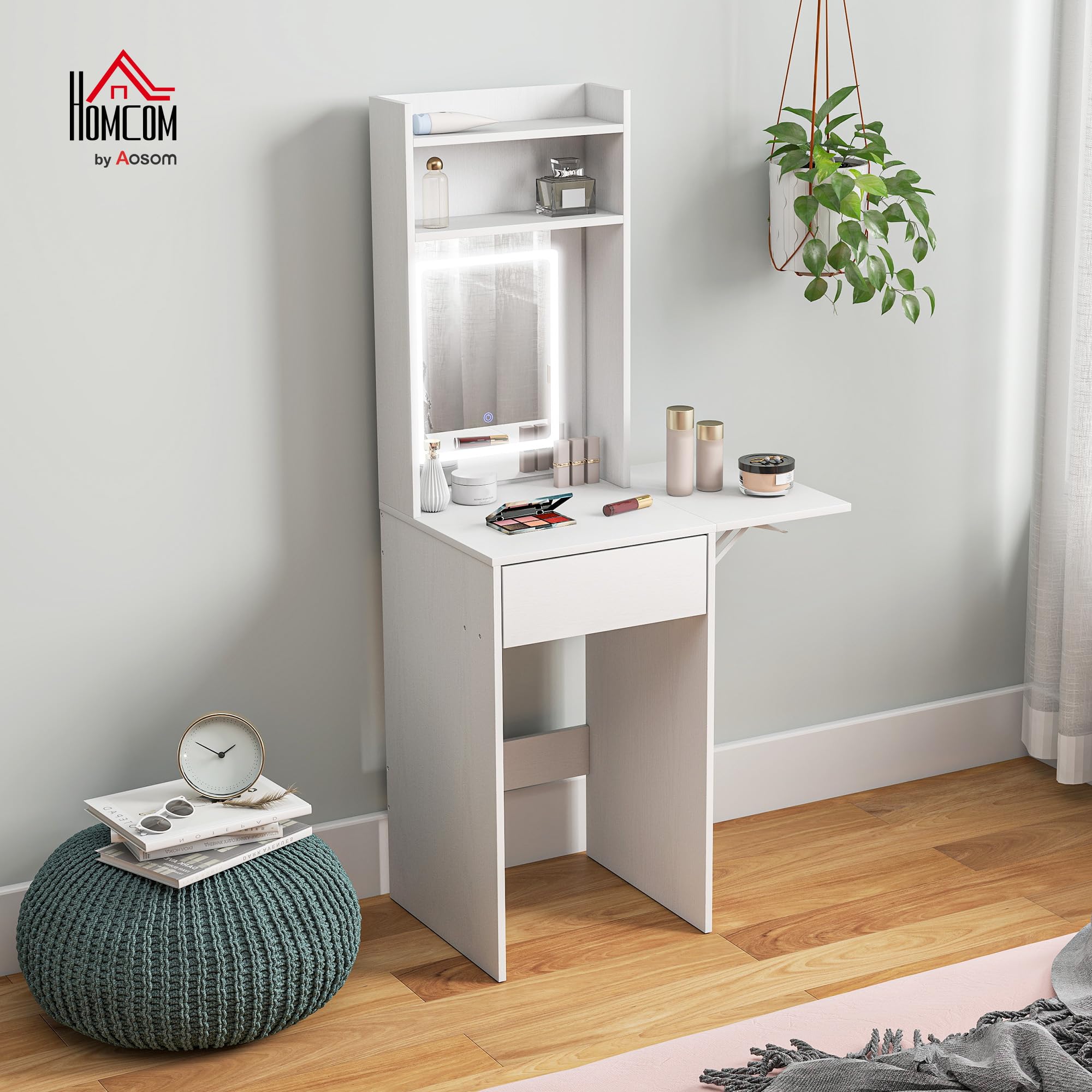 HOMCOM Tocador de Maquillaje con Luces LED de Color Ajustable en 3 Tonos y Espejo Tocador Pequeño Moderno con Lateral Abatible Cajón Compartimentos Abiertos para Espacios Pequeños Blanco