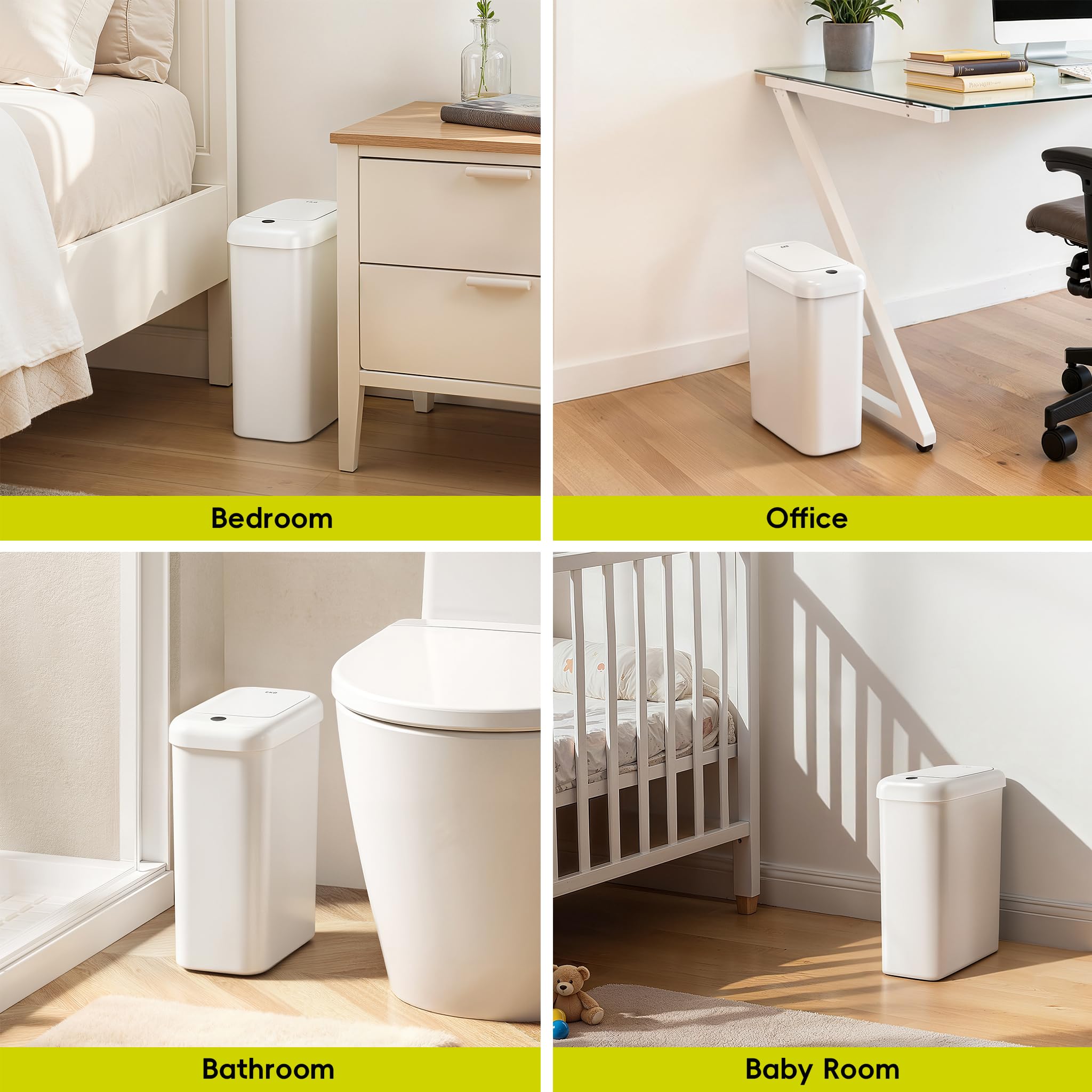 EKO Bote de basura automático para baño con tapa, cubo de basura delgado sin contacto de 2.6 galones, contenedor de basura impermeable con sensor de movimiento para baño, oficina, cocina, color blanco