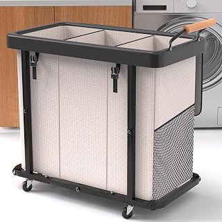 Unlockyourhomestoragelife 230L Extra Large 3-Section Rolling Laundry Hamper Sorter with Lid, Wheels & Sturdy Metal Frame, White