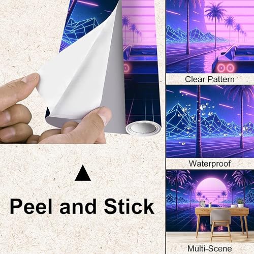 Miniatura 3 de Wall Mural Peel & Stick 80s Retro 3D car neon Abstract Space Self-Adhesive Wallpaper Removable Wall Decal Wall Sticker Home Decor for Living Room