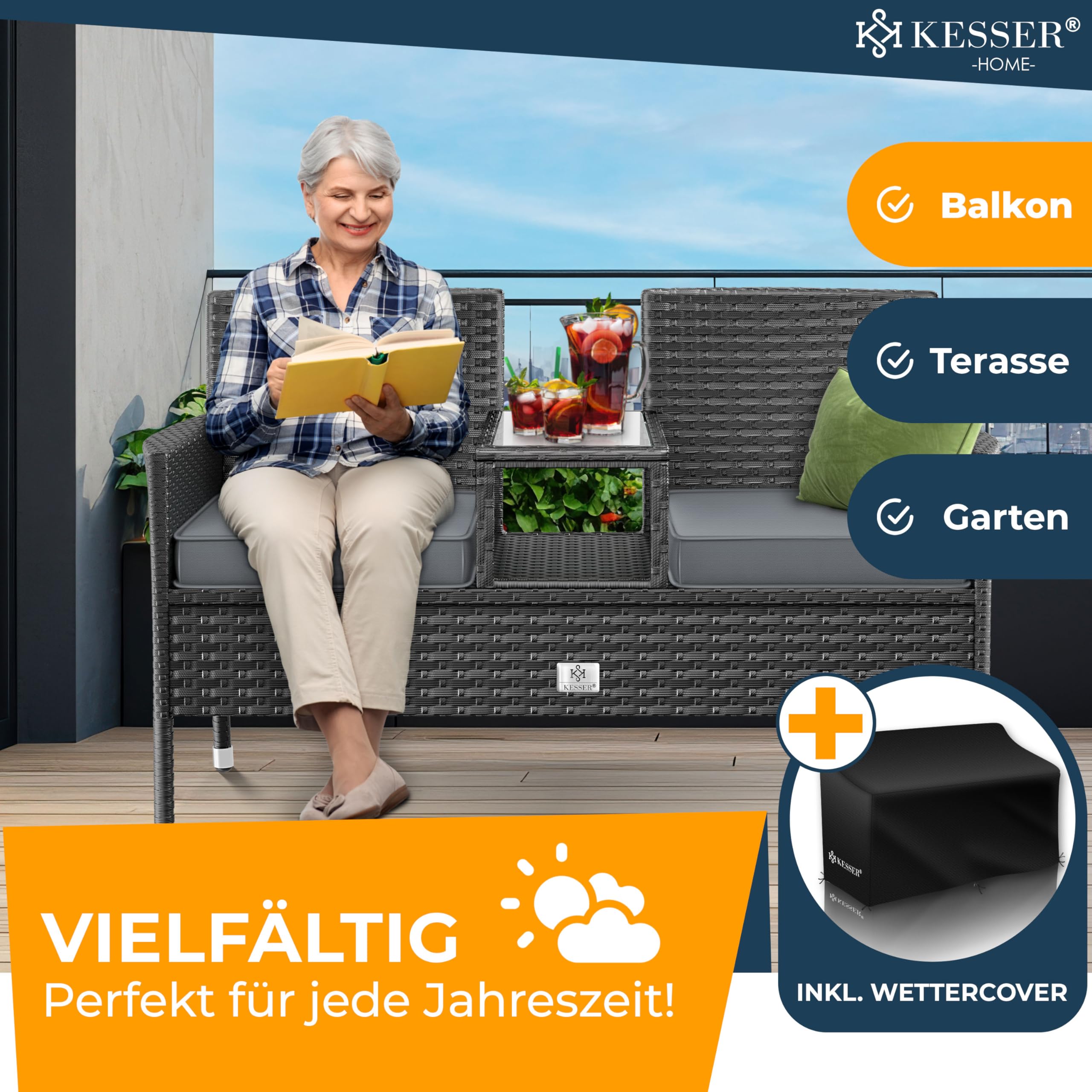 KESSER® Banc de Jardin 2 Places en Rotin Synthétique Avec Table et Coussin Intégrés - 133 × 63 × 84 cm - Pour Balcon, Canapé Extérieur - Résistant Aux Intempéries, Ultra Stable - Anthracite