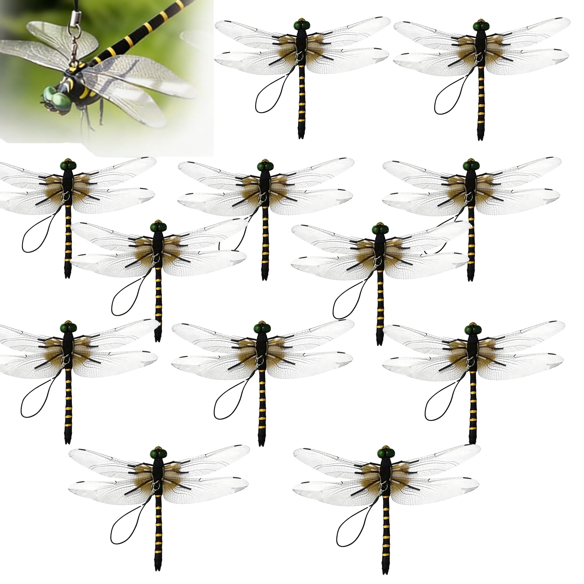 12PCS Dragonfly Clip Bug Repellent - Realistic 3D Fake Dragon Flies with Clip, PVC Outdoor Decor for Garden Camping Fishing. Attach to Hat Backpack Stakes, Yard Patio Decorative Use