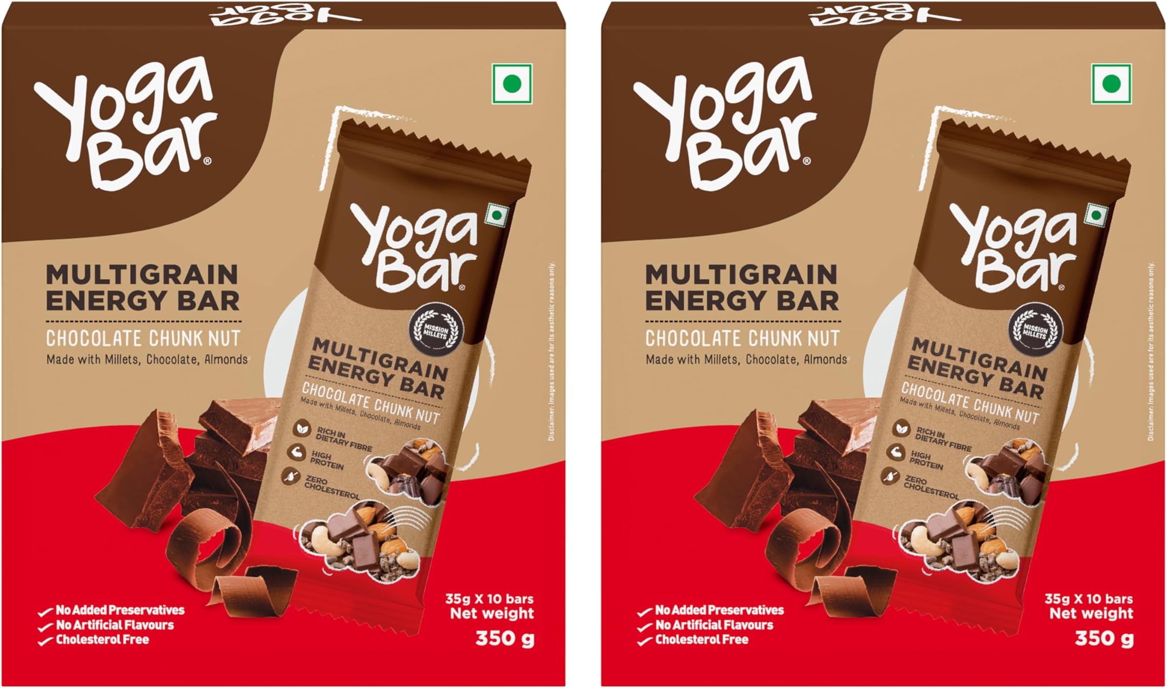 Yogabar Multigrain Energy Bars - Chocolate Chunk 20 Bars - Daily Protein Snack, High Energy & Nutrition Bars - with 8g Protein & 7g Fibre - No Preservatives - Pack of 2, 10 Bars each