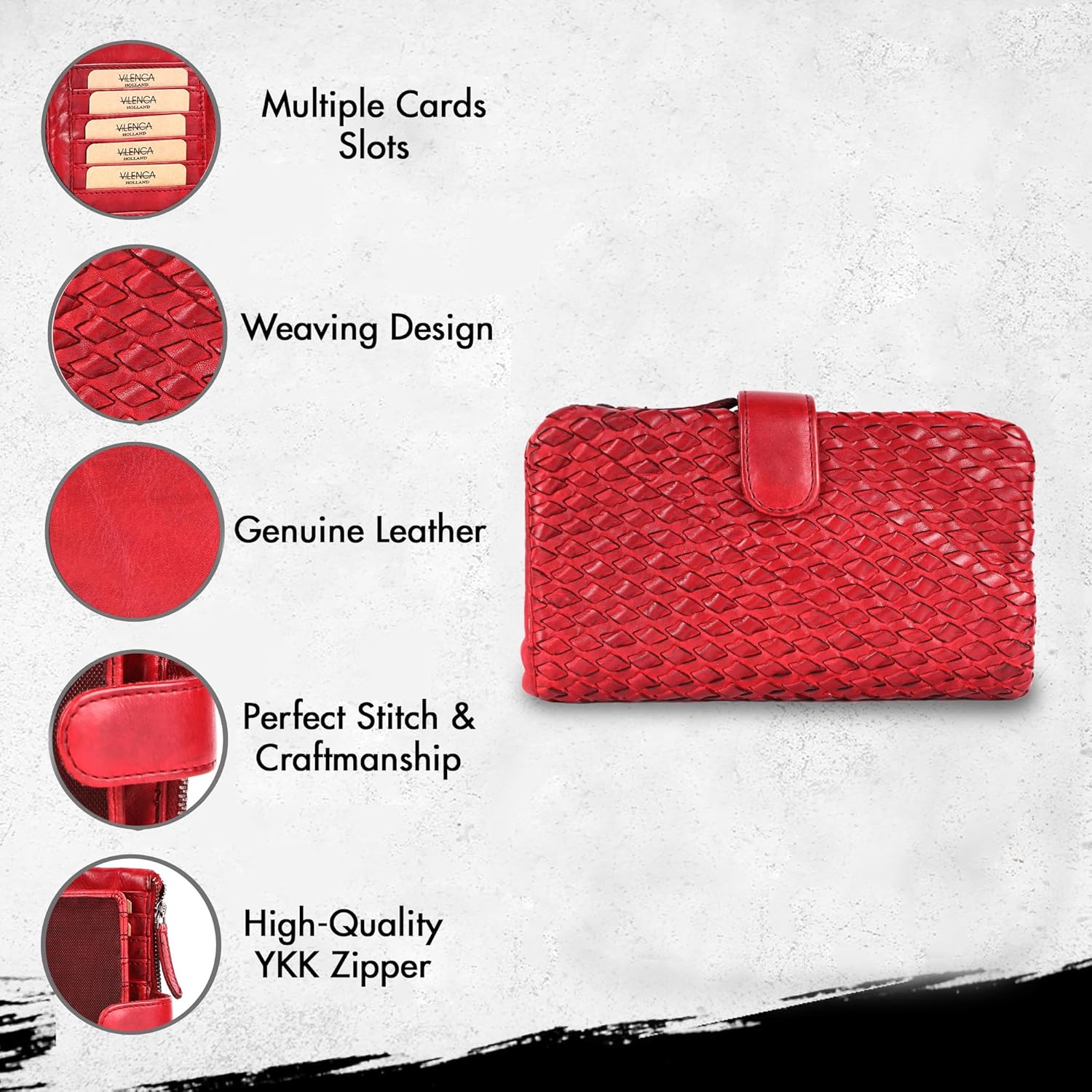 Genuine Leather Wallets for Women, Small Wallet for Ladies Zipper Coin Purse Credit Card Holder with Strap (VL-163-RED) - Image 2