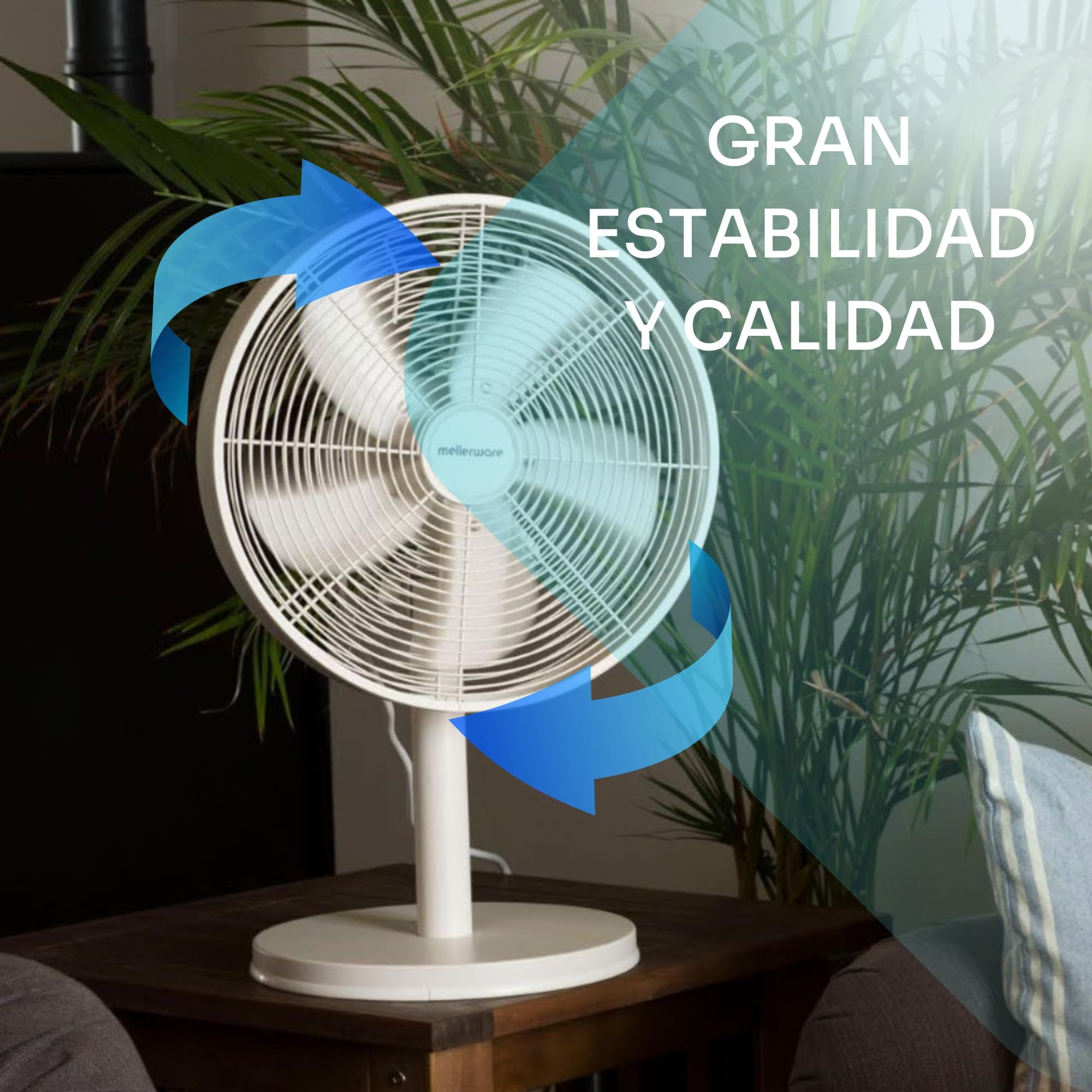 Mellerware Ventilador de Sobremesa Brizy Circle | 35W de Potencia | Oscilante | 3 Velocidades | 5 aspas metálicas 30 cm Diámetro | Aluminio | Caudal de aire fresco | Fácil transporte | Blanco