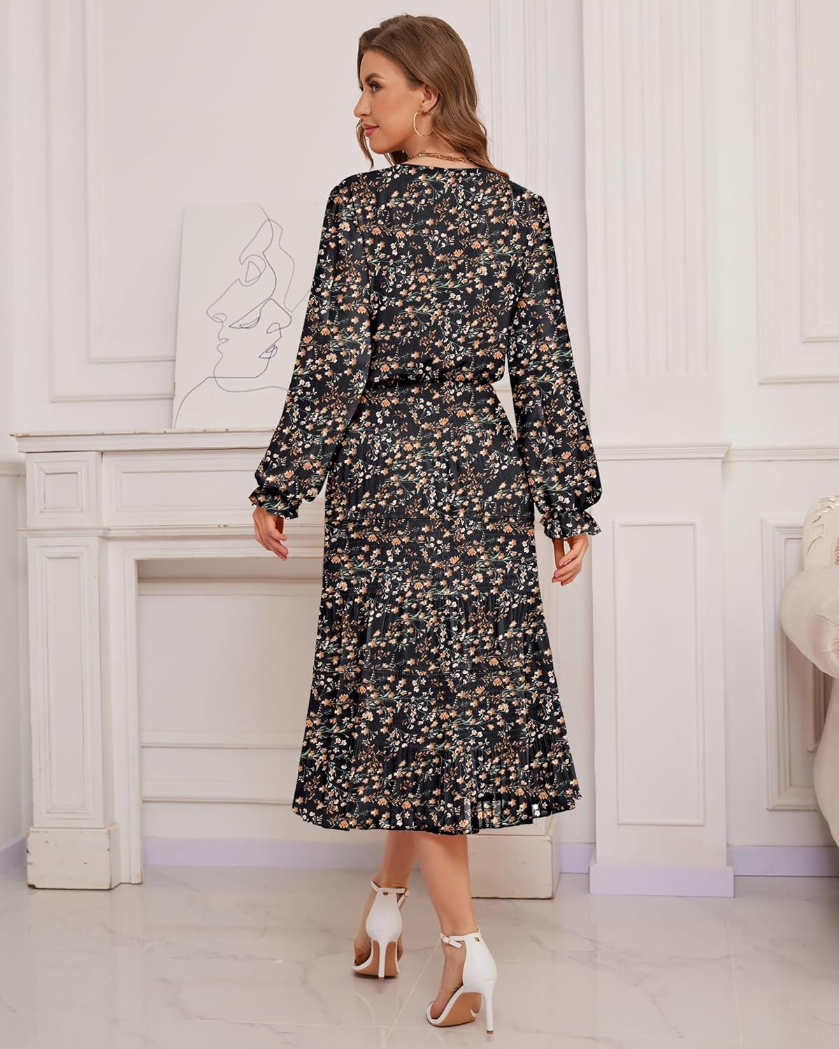 CYiNu Women's Midi Dresses Long Sleeve Crew Neck Flowy Casual Floral Boho Tiered Chiffon Smocked Elegant Dress - Image 6