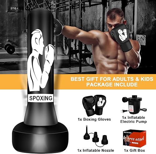 Miniatura 9 de Saco de boxeo pesado con soporte para adultos, saco de boxeo independiente de 70 pulgadas con guantes de boxeo y bomba de aire eléctrica, para