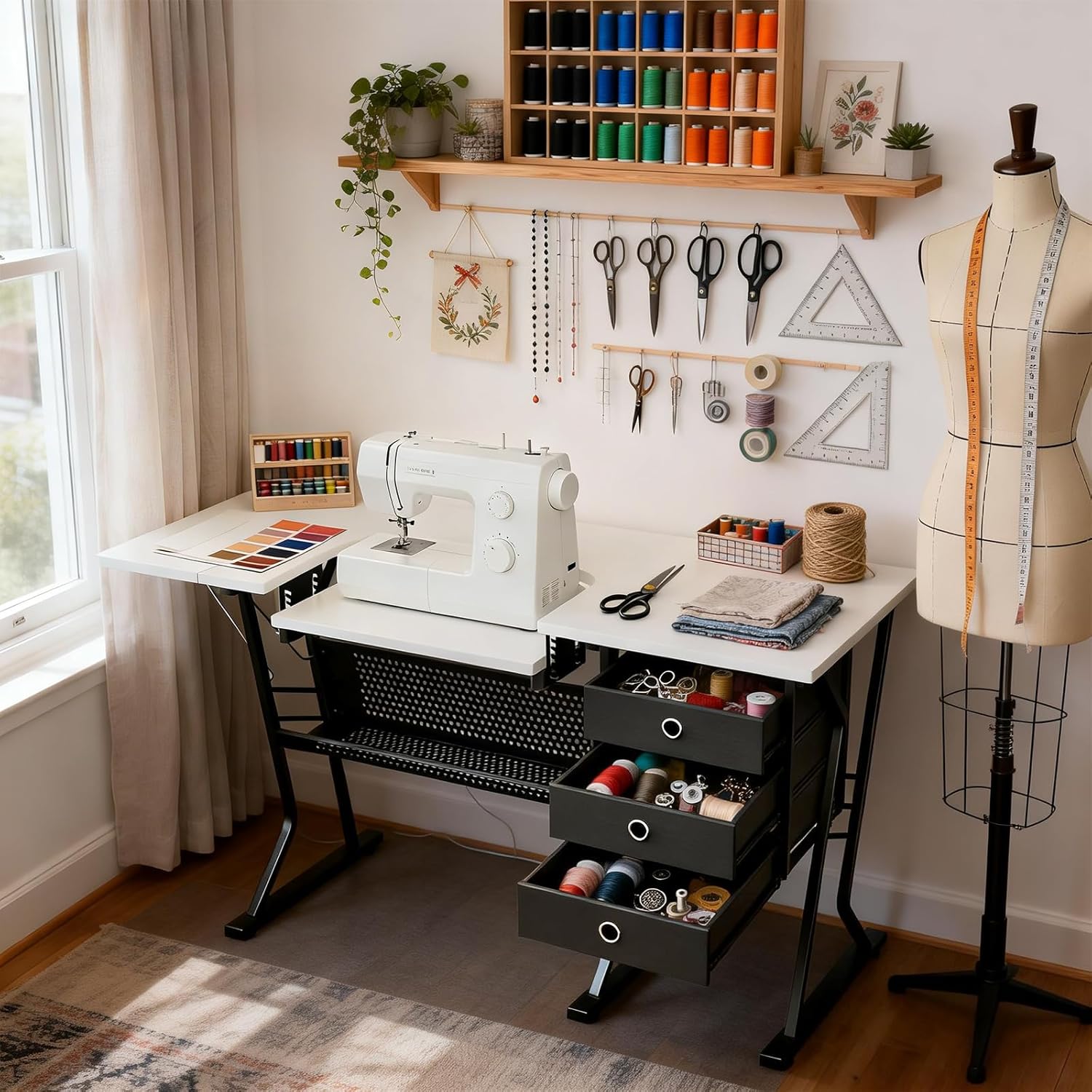 Magshion 60" Sewing Machine Table with Storage, Heavy-Duty Sewing Desk with Adjustable Shelf, 3 Drawers and Open Grid Shelf, Multi-Use Sewing Cabinet & Craft Table, 305-Lb Capacity, Black/White