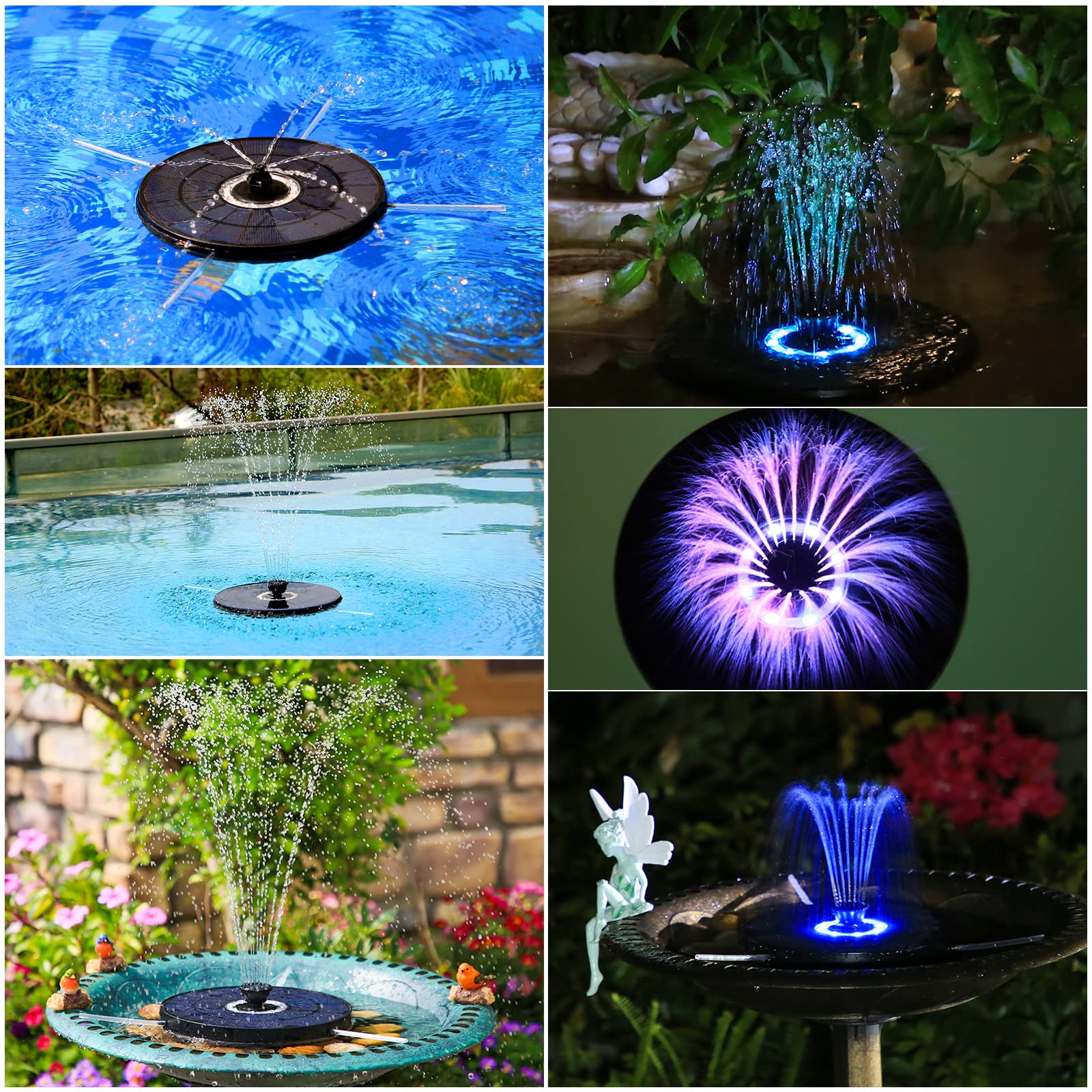 AMZtime Bunte LED 5,5W Outdoor Solar Springbrunnen für Außen, Solarpanel Durchmesser 21cm mit Akku, Outdoor Solarbrunnen für Draussen mit 7 Effekten Sprühmethoden, Solar Teichpumpe für Vogel Teich