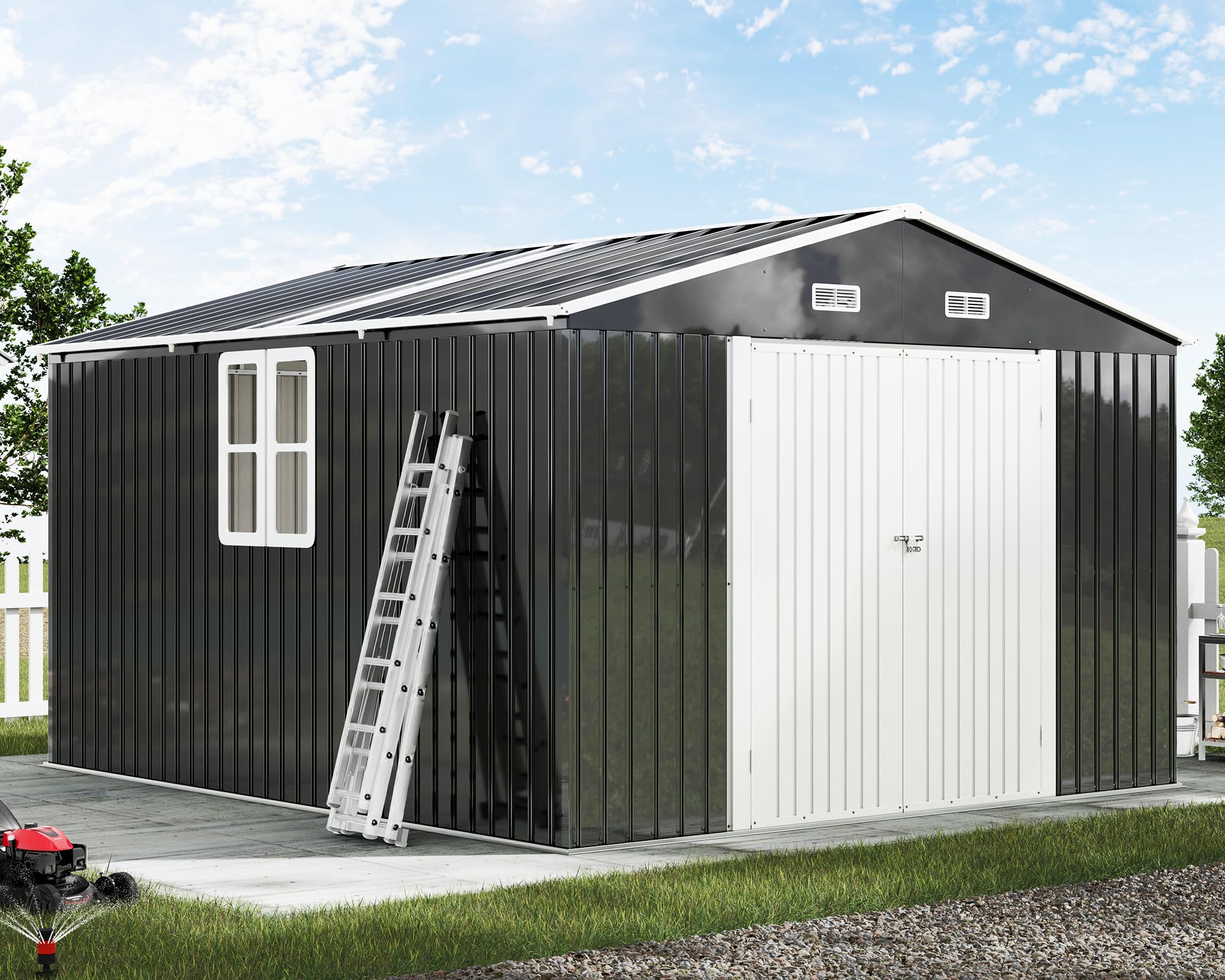 AMERLIFE 10x12x7 FT Outdoor Storage Shed with 2 Transparent Panels, Metal Garden Shed with Hinged Double Doors, 2 Windows & 4 Vents, Reinforced Steel Frame for Backyard, Garden, Dark Gray