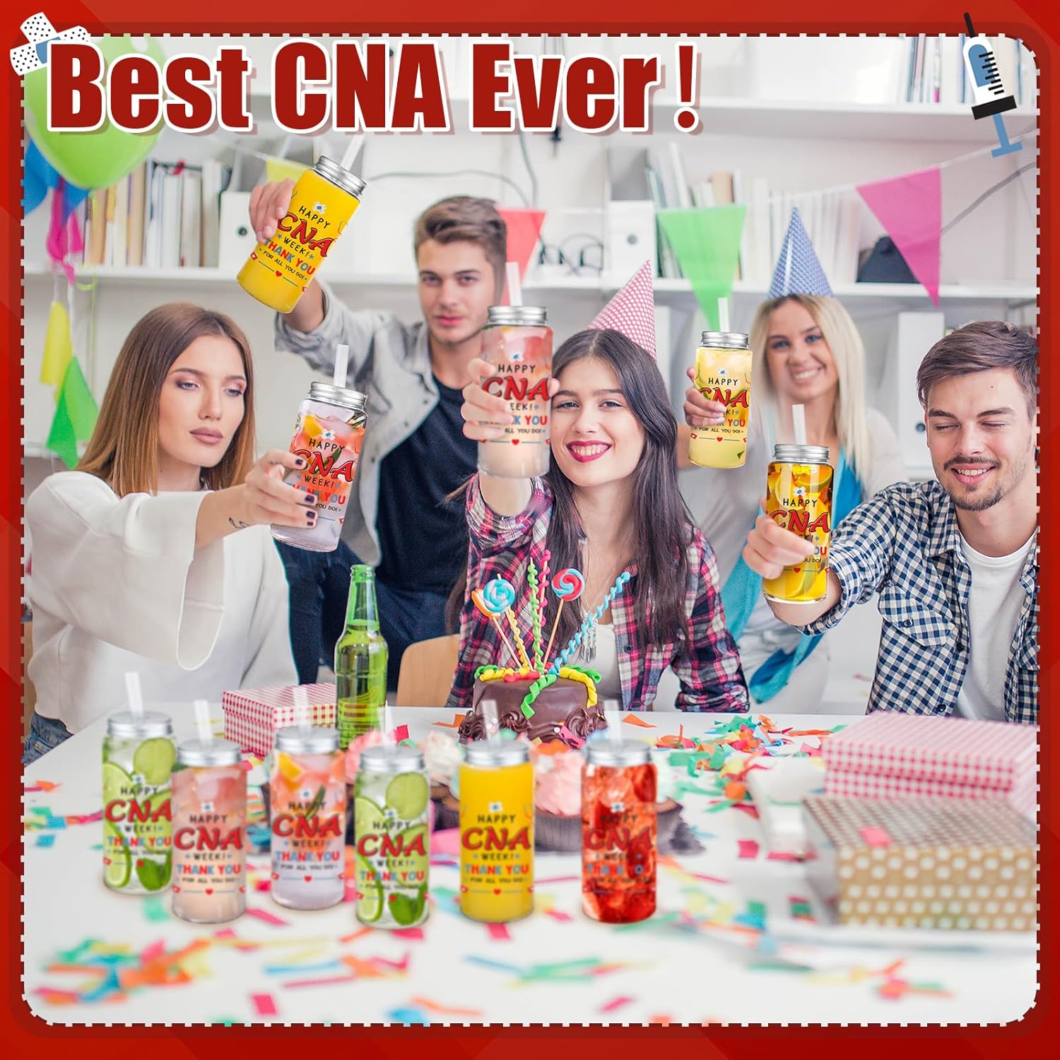 Skylety 24 Pcs CNA Gifts Cups Bulk, 2026 CNA Week Gifts, Nursing Assistant 14 oz Reusable Plastic Cups with Straw and Lid for Nursing Assistant Medical Staff Graduation