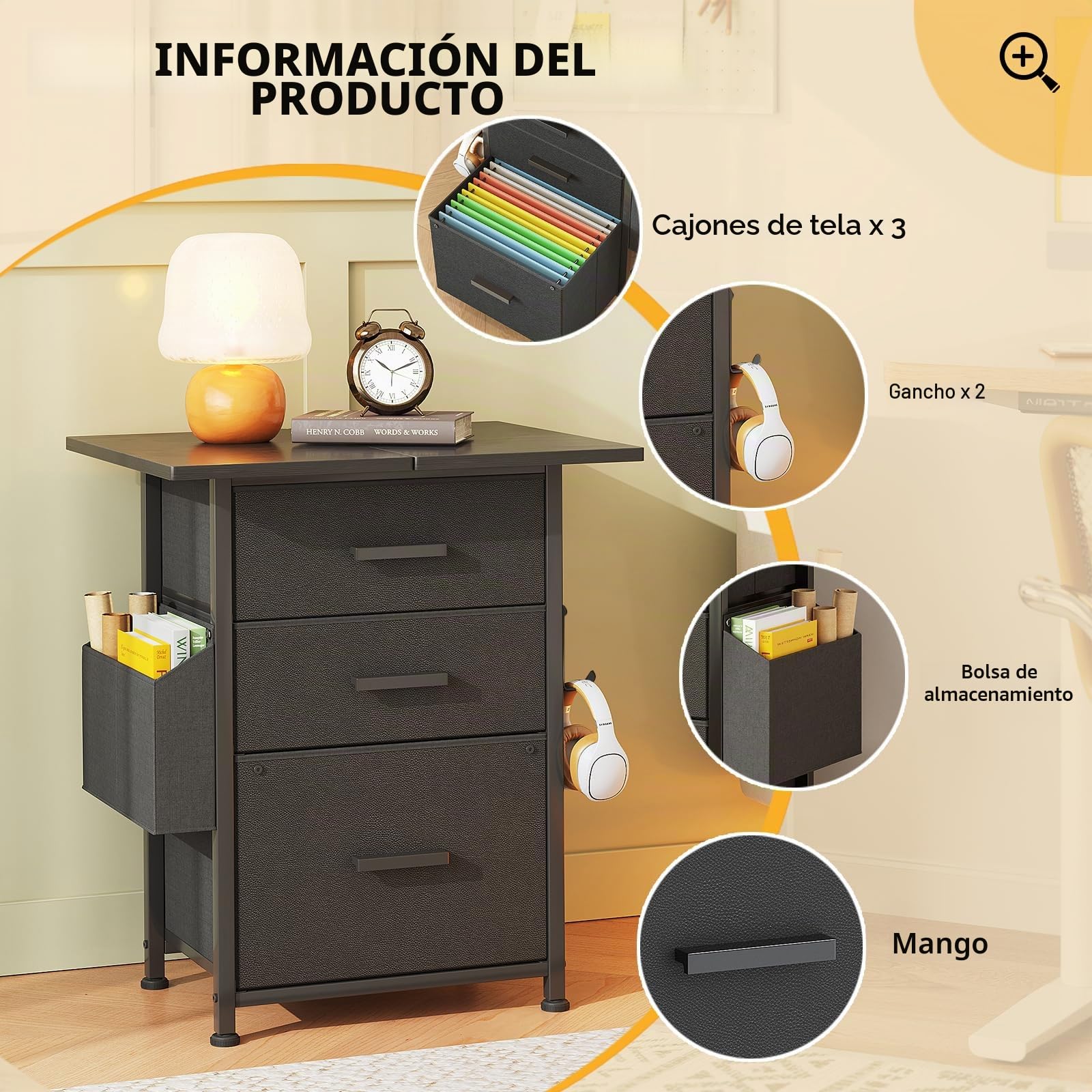 CAIYUN Archivador con Ruedas con 3 cajones y Ruedas para Documentos A4, tamaño Carta, Soporte para Impresora con un Ancho de 56 cm, diseño Industrial, Color Negro