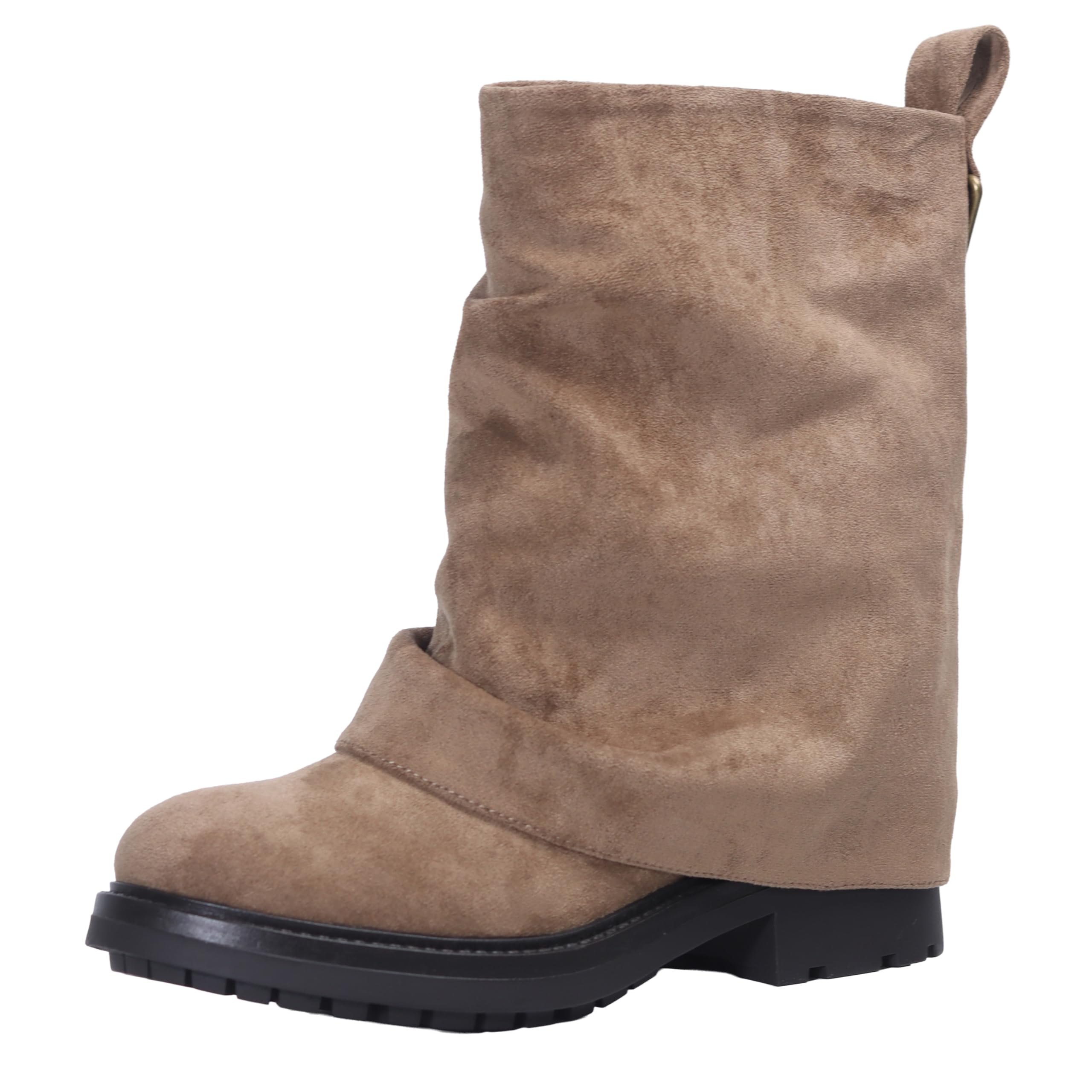 Womens Fold Over Ankle Boots with Zipper - Trendy Wide Calf Pull On Boots with Round Toe