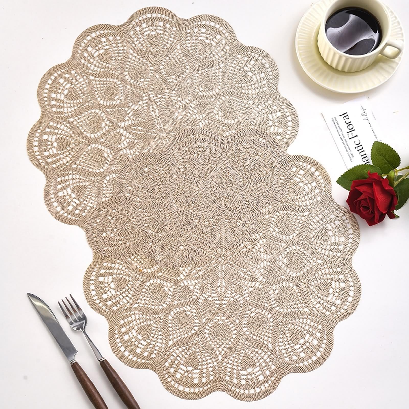 Juego de 8 manteles individuales de PVC, 38 cm, huecos, redondos, flores doradas, para casa, cocina, hotel y restaurante