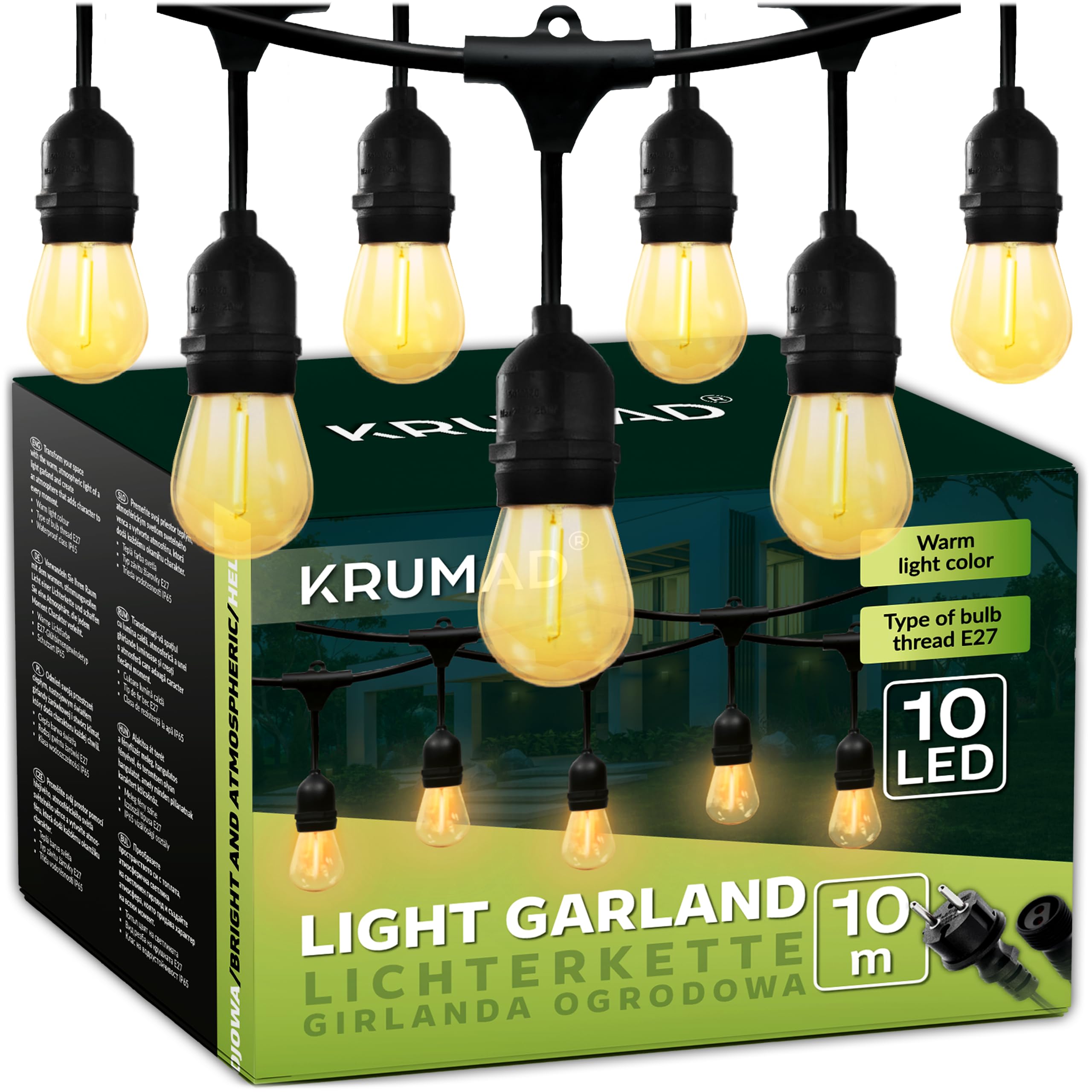 KRUMAD Guirlande lumineuse LED extérieur 10m, ampoules E27 blanc chaud 2700K, IP44 résistant aux intempéries, éclairage de fête pour jardin, balcon, terrasse, guirlande lumineuse extérieure pour