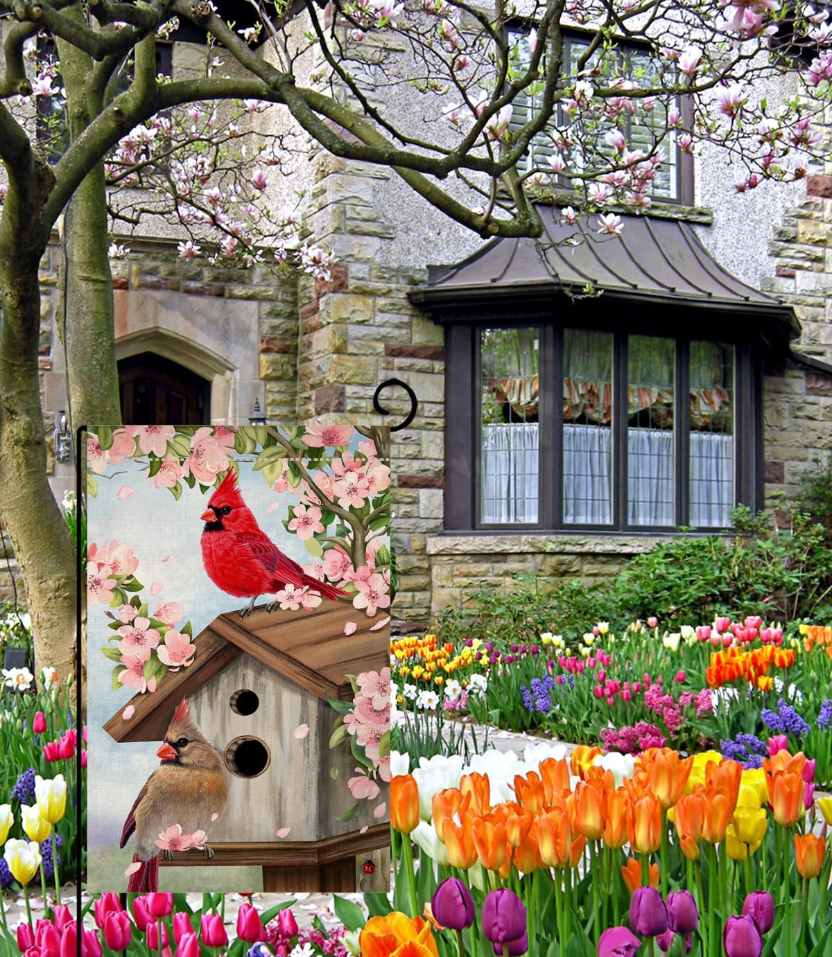 BLKWHT Spring Cardinal Bird Garden Flag 12x18 Vertical Double Sided Pink Flowers Tree Summer Farmhouse Holiday Outside Decorations Burlap Yard Flag BW792 - Image 4