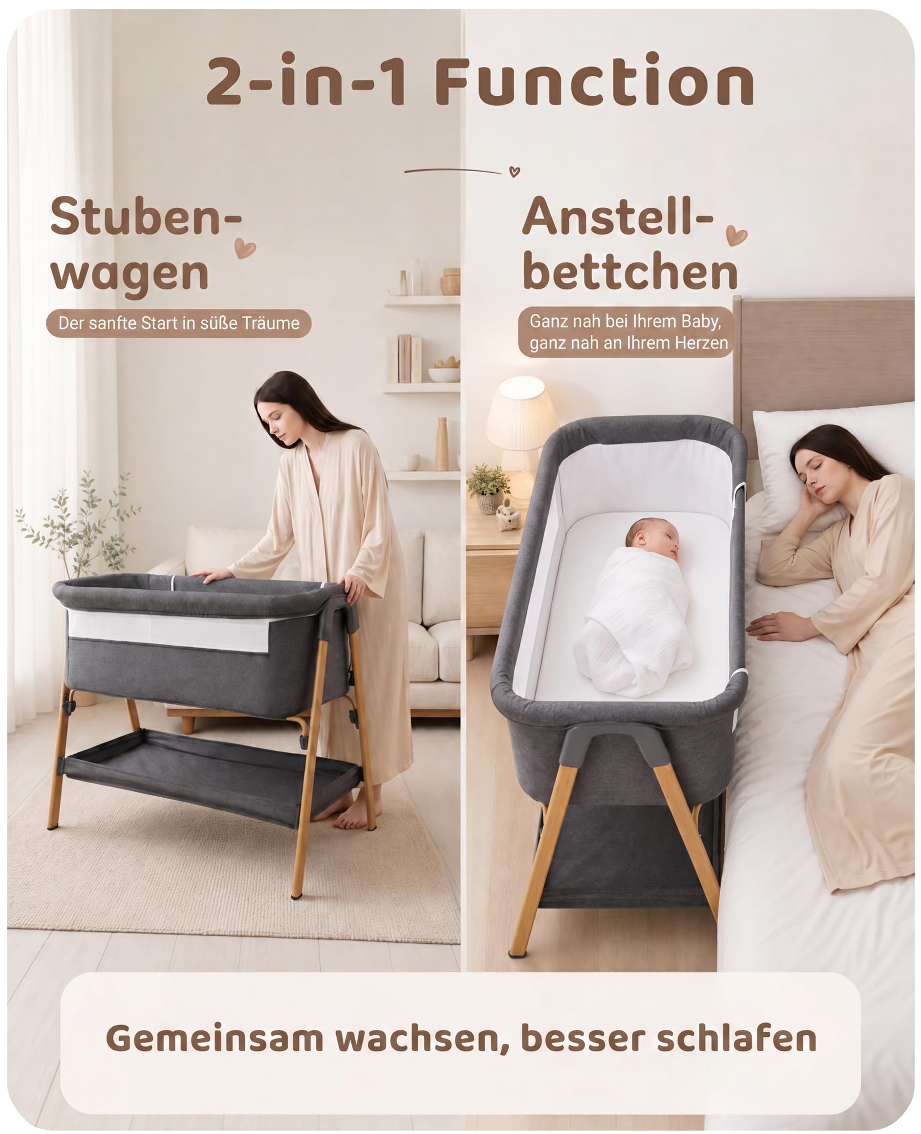 UBRAVOO Beistellbett Baby 2-in-1, Babybett & Baby Wiege für Neugeborene – mit Aufbewahrungskorb & Weicher Matratze (Grau)