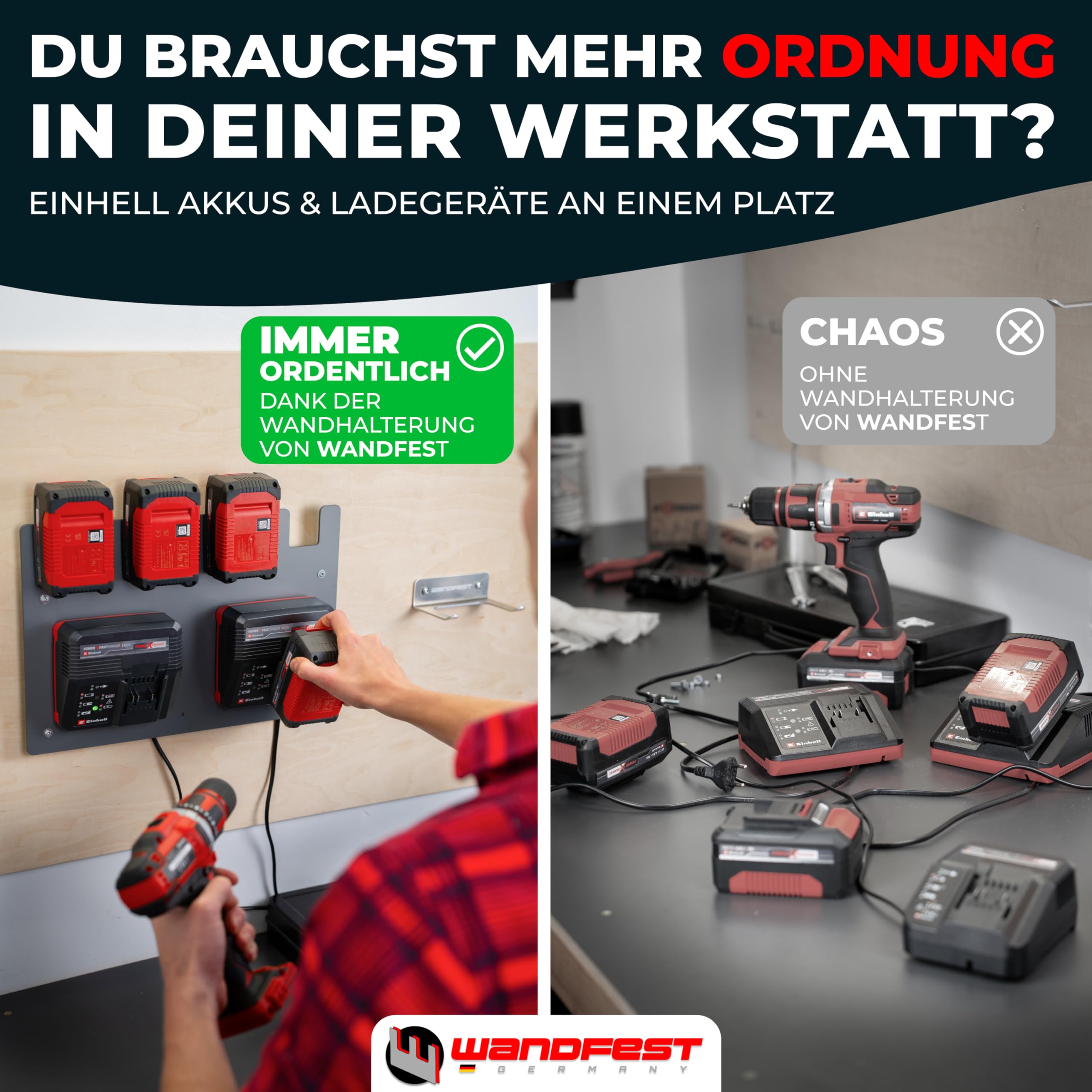 Wandfest® Wandhalterung für Einhell Akkus und Ladegeräte - Das Original | Glänzende & Matte Seite [Made IN Austria] | Stabile Einhell Akku Halterung | 1-4 Akkus