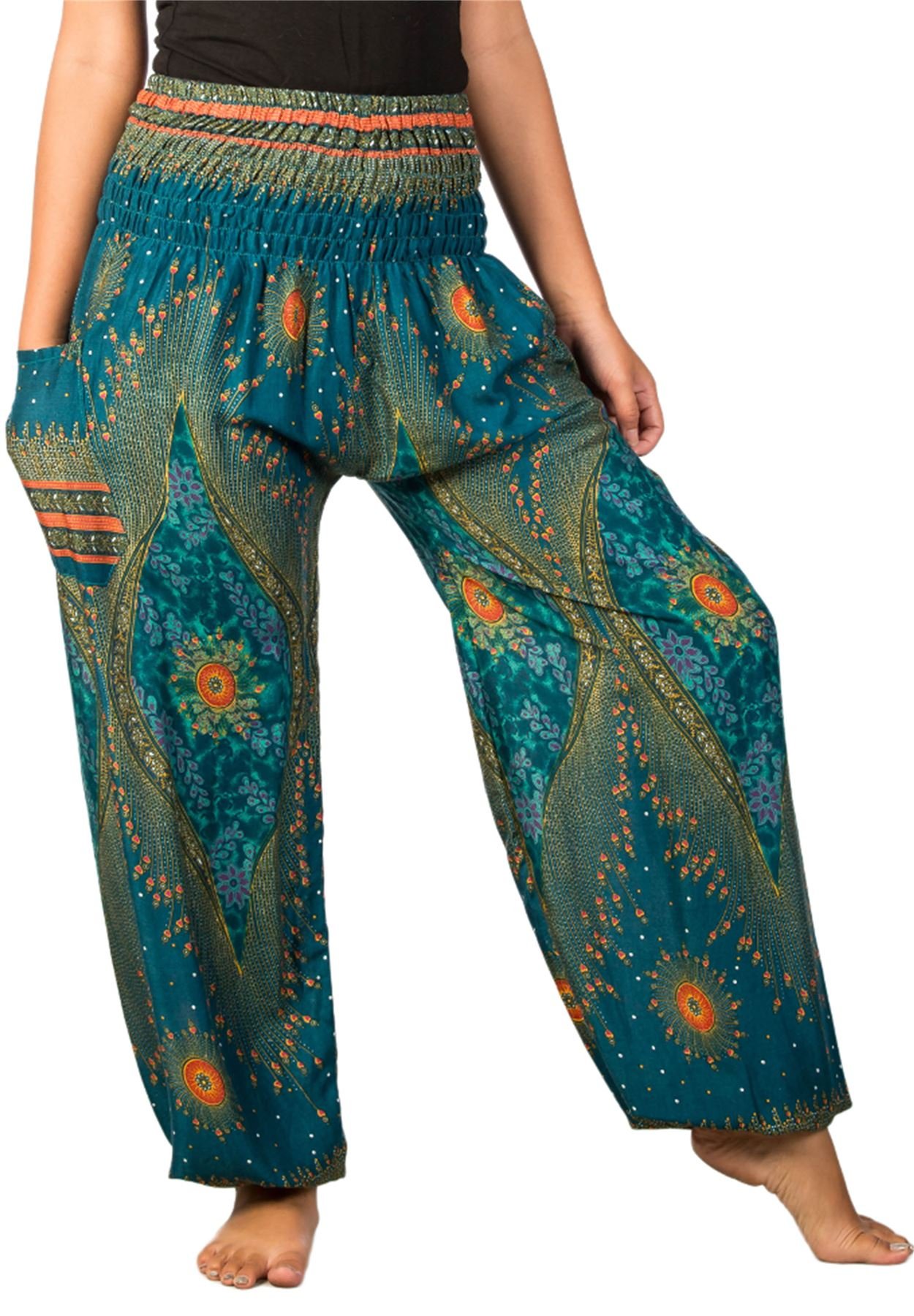 Lofbaz Women's Floral 3 Teal Green Smocked Waist Diamond Yoga Harem Pants Teal Green 4XL