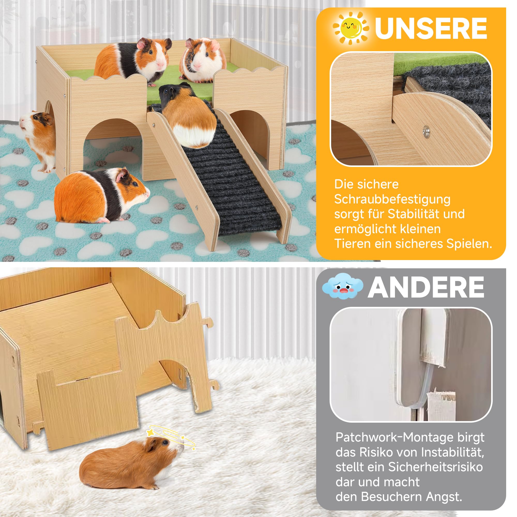 Mehrstöckiges Meerschweinchen Versteck mit Treppe und Matten – Extra Groß Meerschweinchen Schloss Abnehmbare Verstecke für Hamster, Kaninchen & Chinchillas，Abnehmbares Haus (Grün)