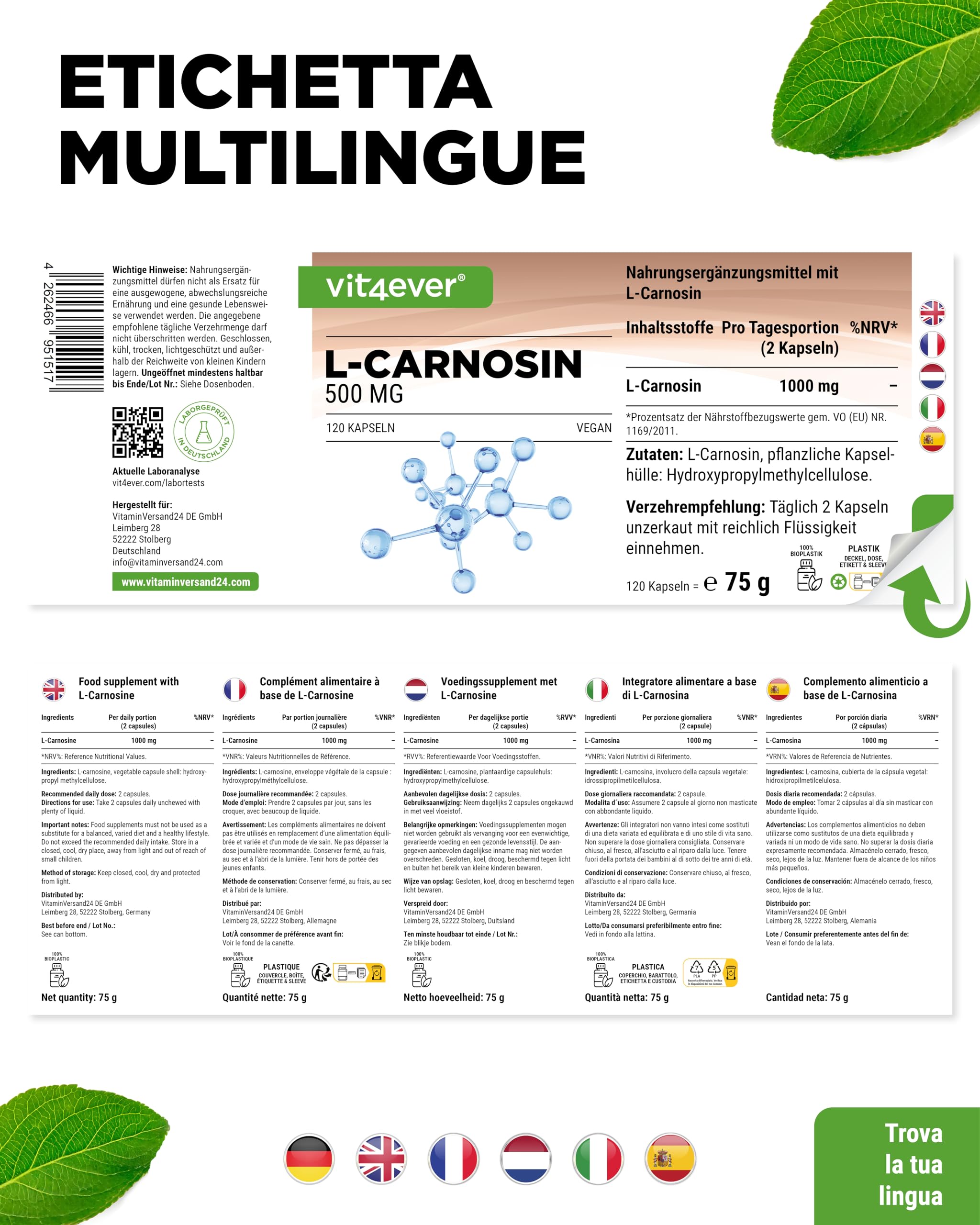 L-Carnosina - 120 capsule - Dosaggio elevato con 1000 mg per dose giornaliera - Amminoacido puro ottenuto tramite fermentazione vegetale - Senza additivi, vegano