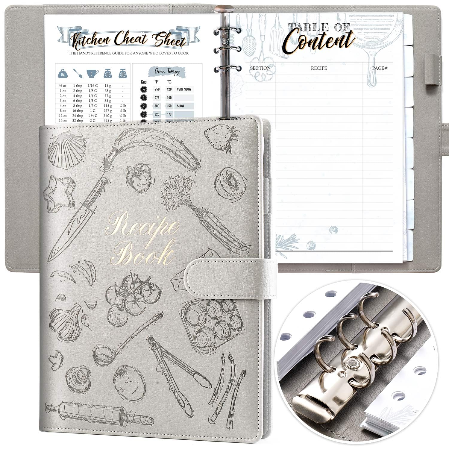 molekaus Lanpn - Libro de recetas impermeable para hacer tu propio libro de cocina, diario de recetas de 7 x 10 pulgadas con 160 recetas familiares, etiquetas y calcomanías, color gris