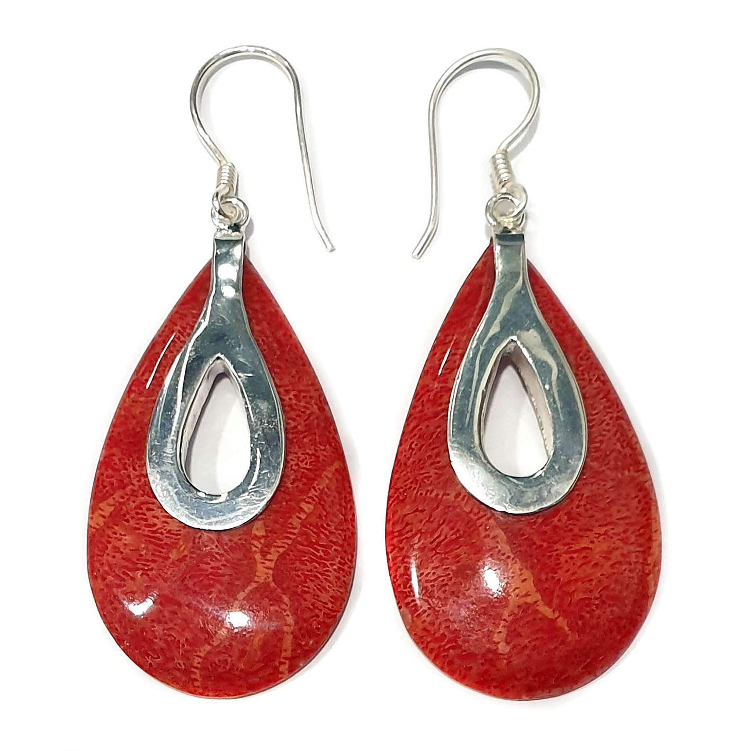 Swimmi Natural Red Coral Earrings for Women, Dangle Drop 925 Starling Silver Red Coral Earrings Jewelry SC021