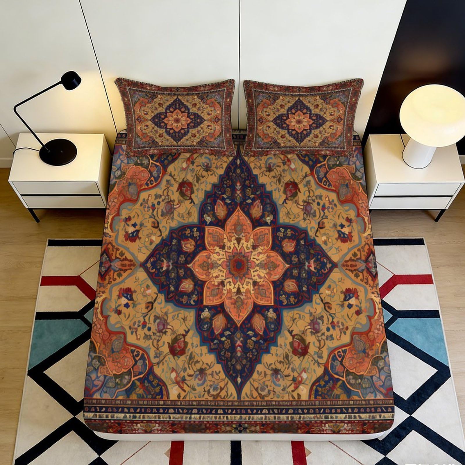 3D Printed Persian Floral Fitted Sheet Microfiber Soft Breathable Vintage Mandala Mattress Cover for Bedroom Dorm Decor 90x200x25cm