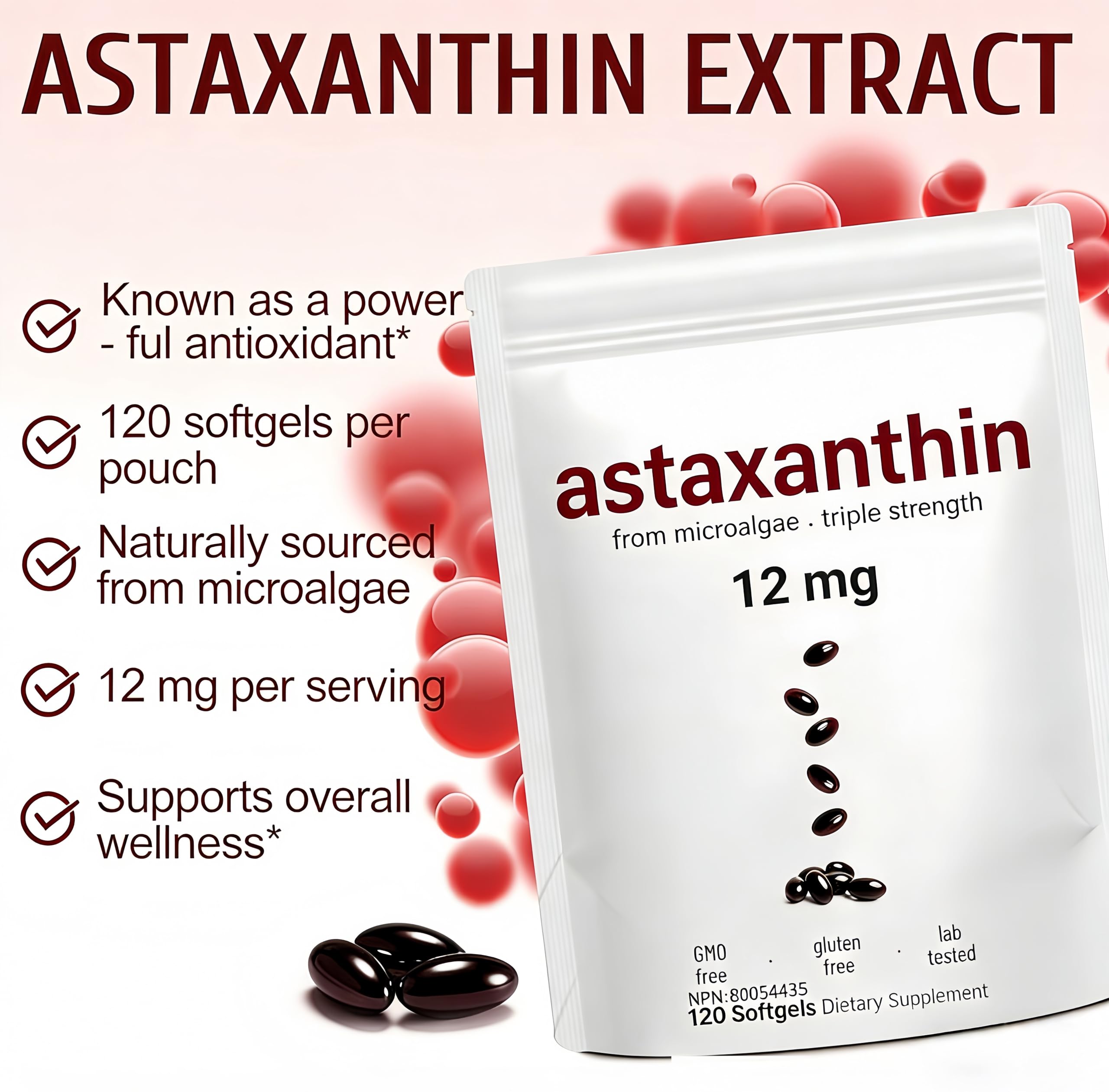 Astaxanthin 12mg ， 120 Softgels(1PCS) - 3