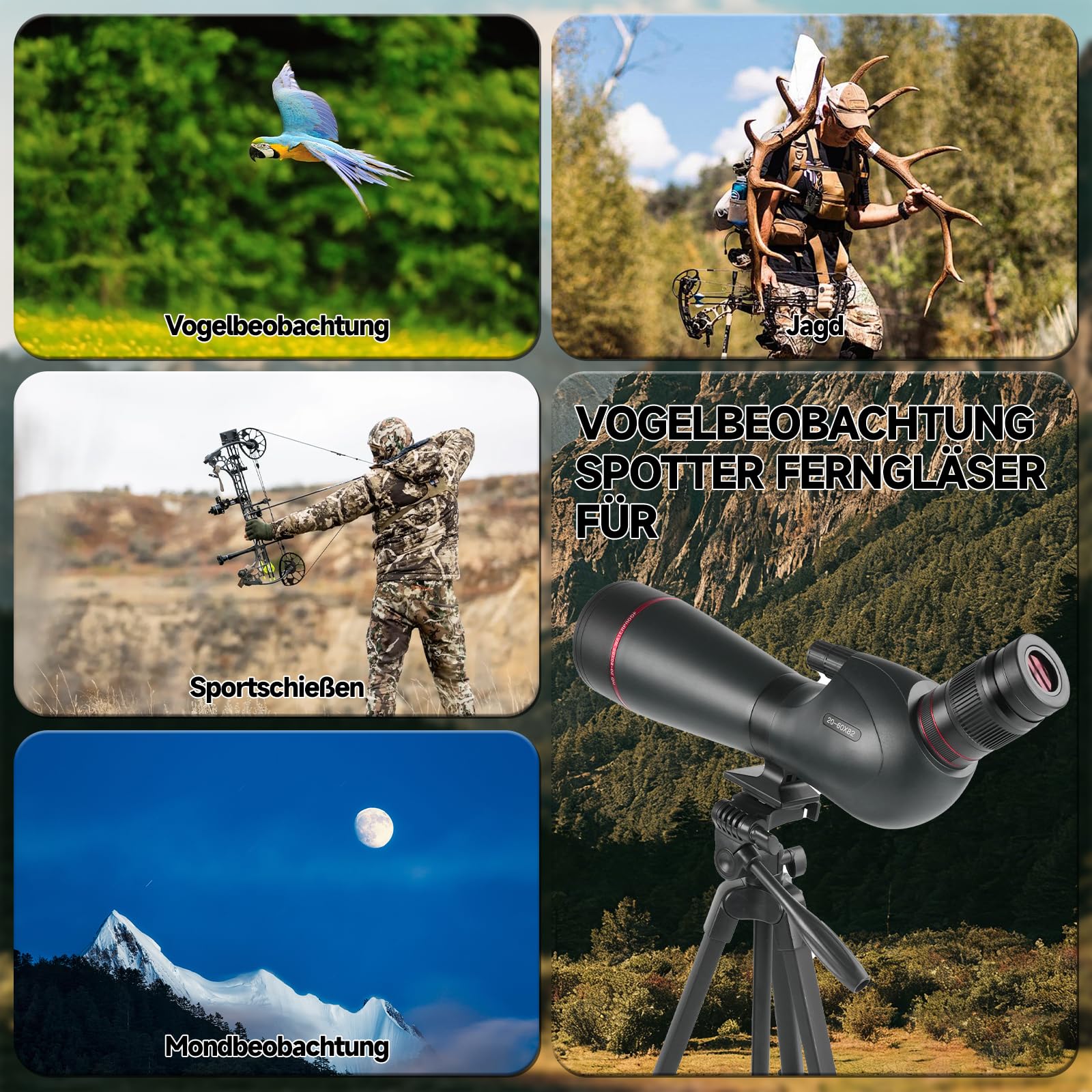 Spektiv 20-60x82 BAK4 FMC – IPX7 Wasserdichtes Fernrohr mit 27mm Okular für Vogelbeobachtung Jagd