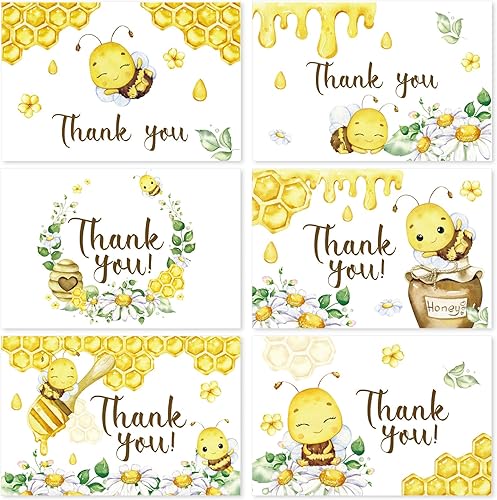 AnyDesign Paquete de 36 tarjetas de agradecimiento de abeja de miel a granel, acuarela, panal, flor, tarjetas de agradecimiento con sobres,