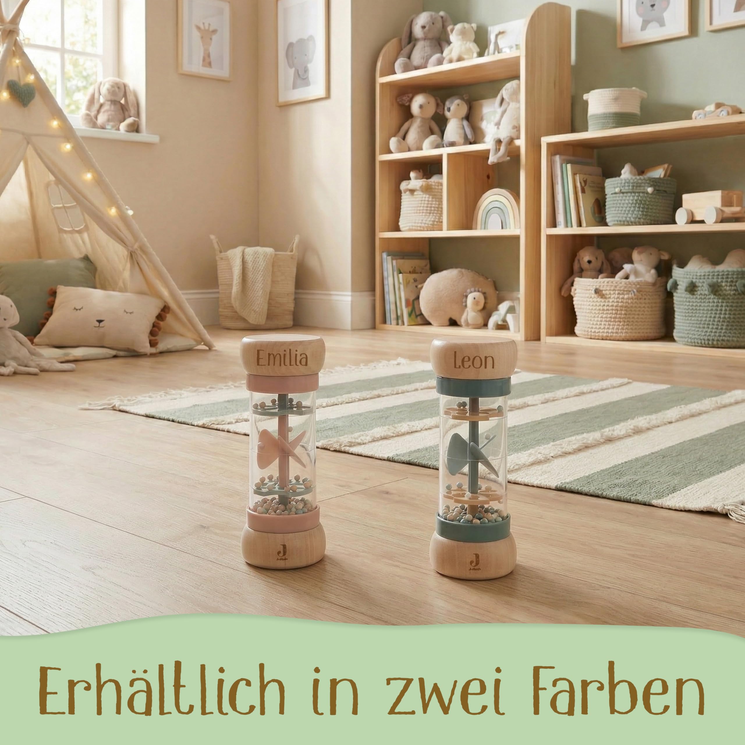 Regenmacher personalisiert mit Name – FSC Holz Baby Rassel ab 3 Monate – Geschenk zur Geburt, Taufe, Geburtstag, Motorikspielzeug Baby Mädchen – Holzspielzeug mit Gravur