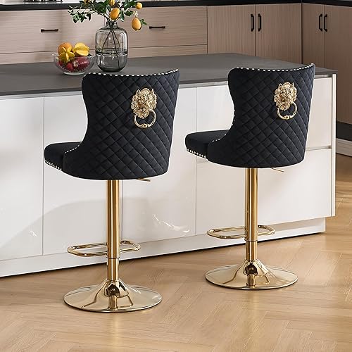 Miniatura 82 de Juego de 4 taburetes de bar giratorios ajustables de terciopelo con respaldo copetudo, ribete de cabezas de clavos y anillo de tracción, sillas de