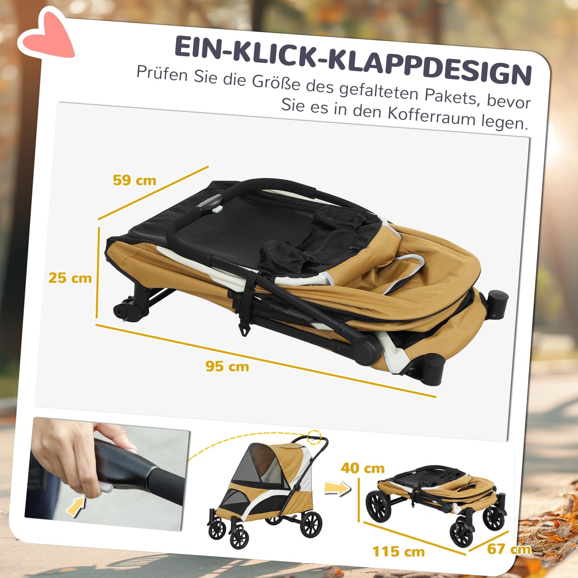 PawHut Poussette pliable pour grands chiens et chats jusqu'à 30 kg - Avec coussin, fenêtres en filet, portes, sac de rangement - Marron