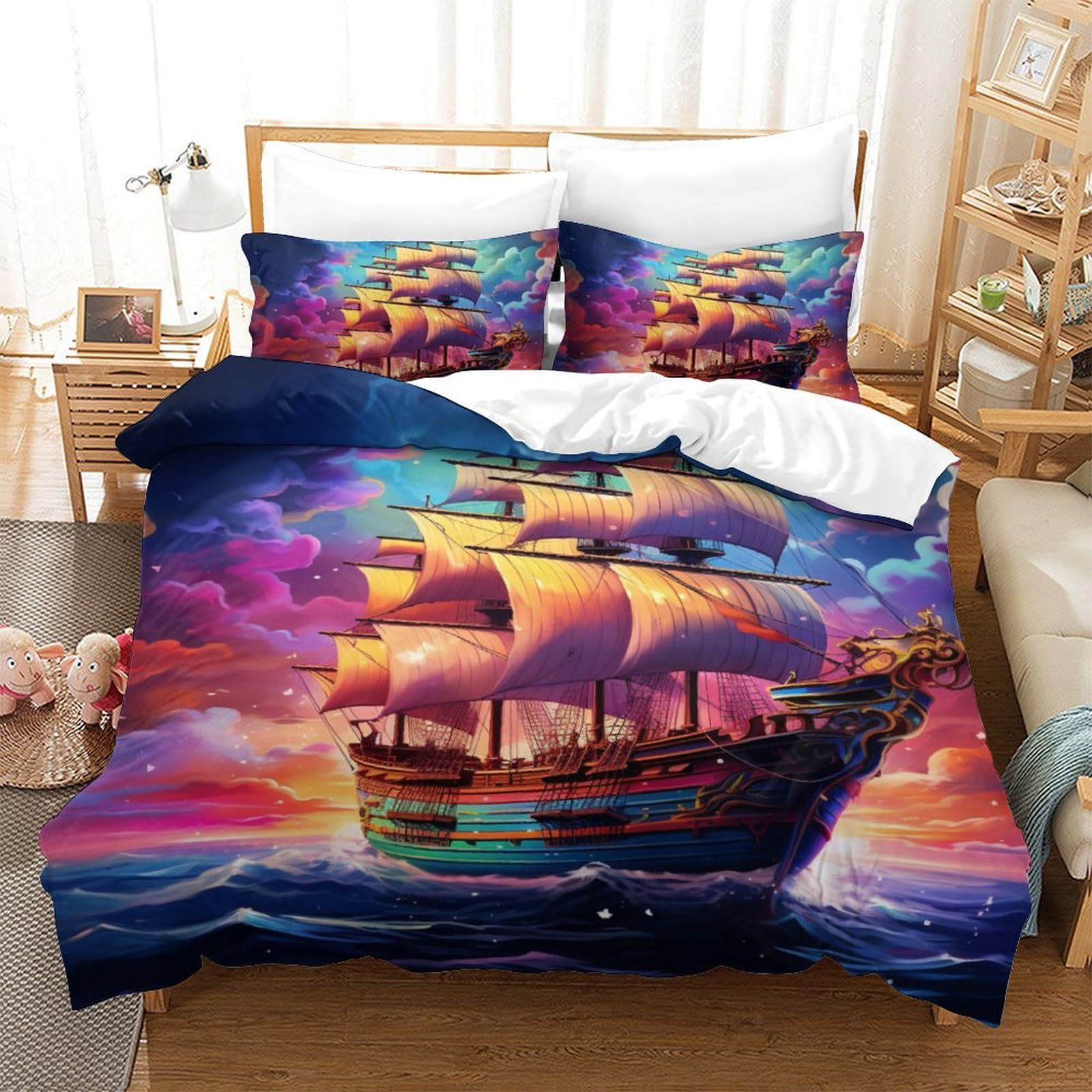 Housse de couette 200x200 cm en microfibre avec 3 taies d'oreiller voiliers 3D